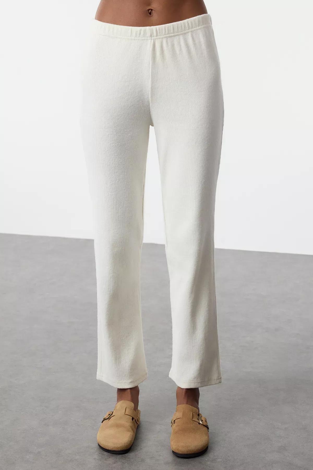 Beige Brushed Ribbed Knitted Pyjamas Set, Ecru, large image number 4