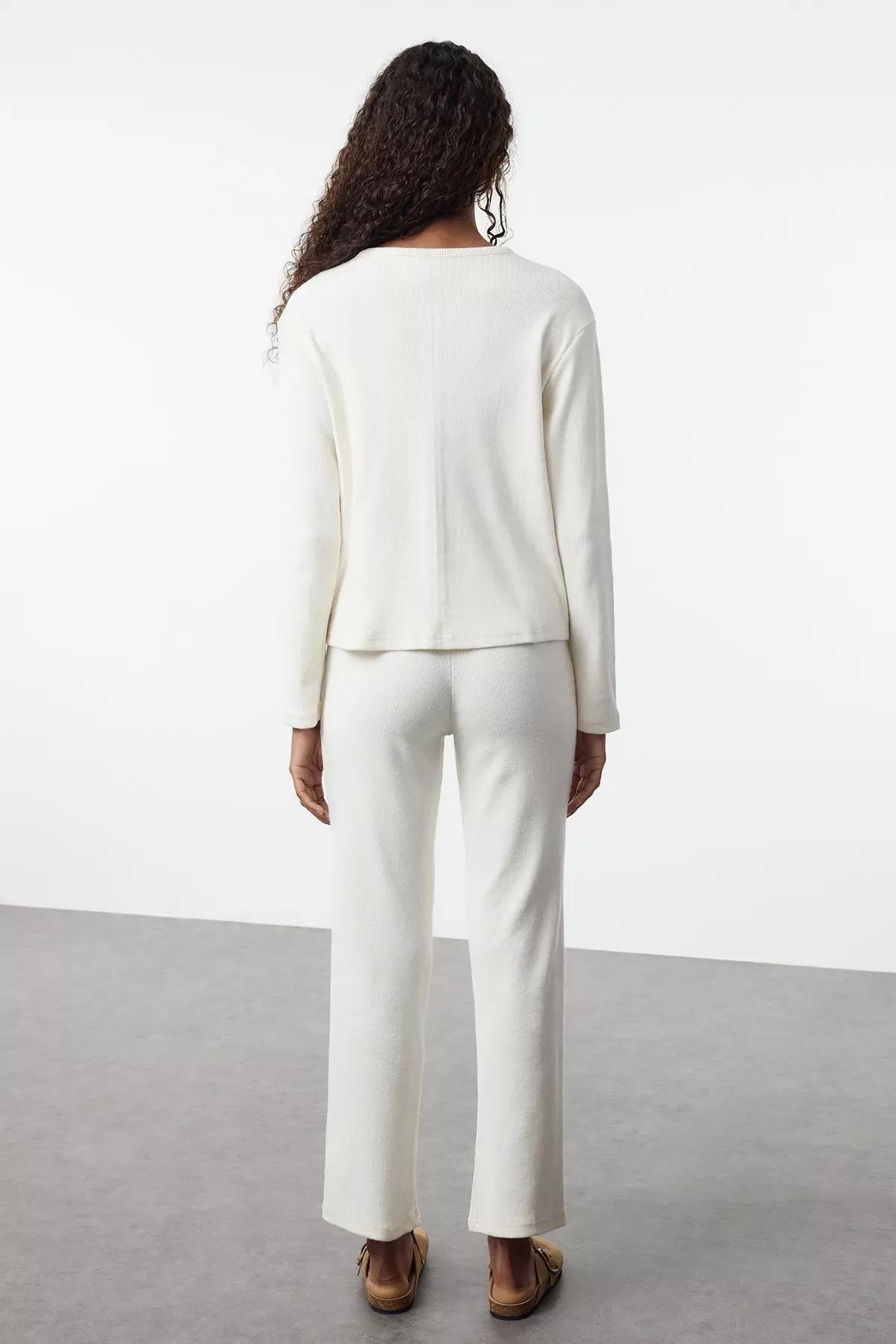 Beige Brushed Ribbed Knitted Pyjamas Set, Ecru, large image number 5