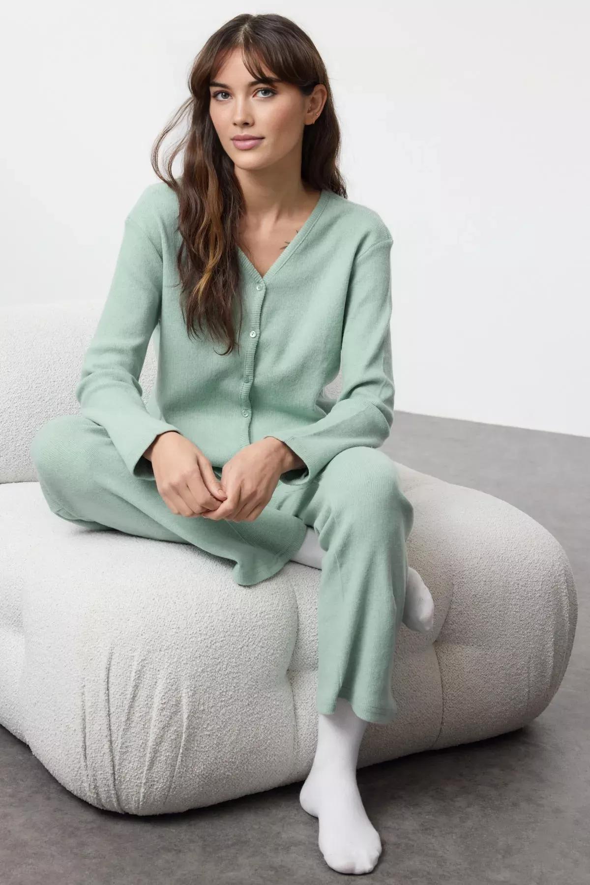 Green Ribbed Soft Knit Cardigan Pajama Set (2 pcs), Mint, large image number 0