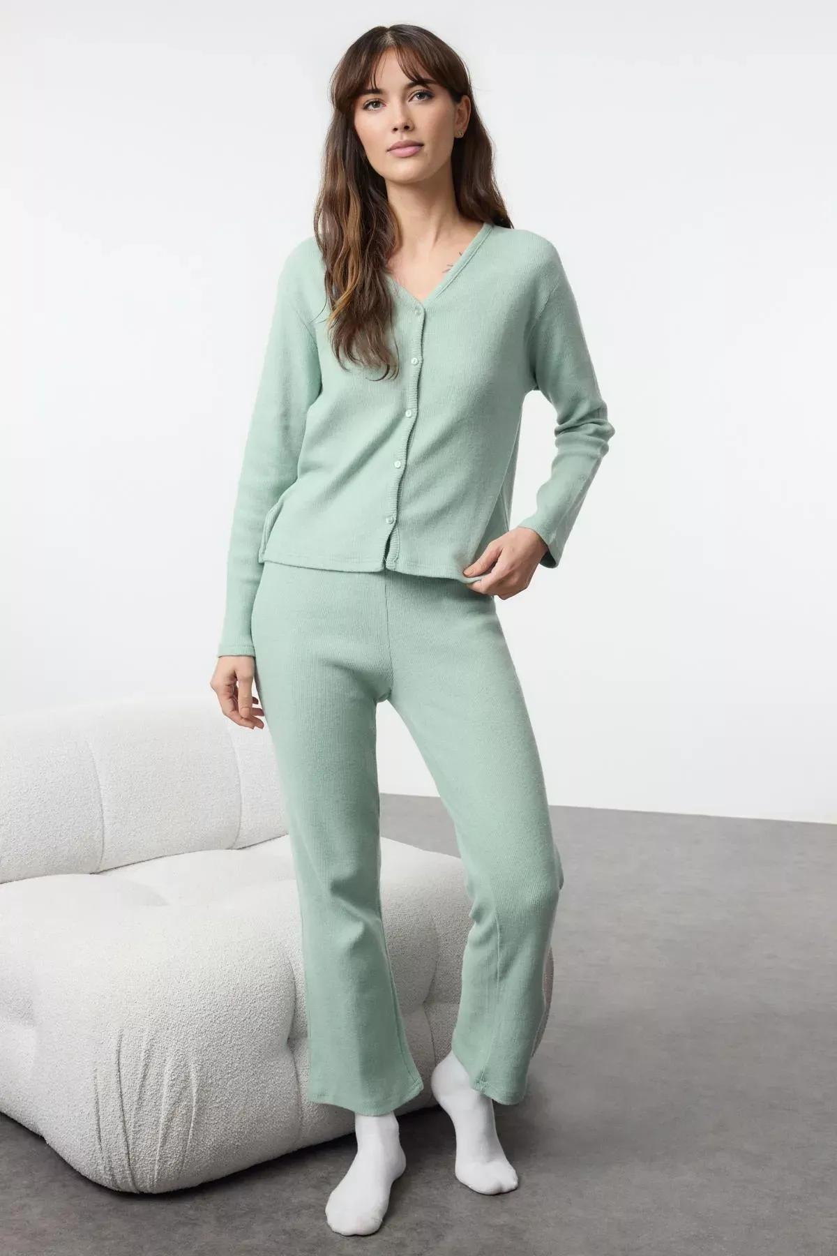 Green Ribbed Soft Knit Cardigan Pajama Set (2 pcs), Mint, large image number 1
