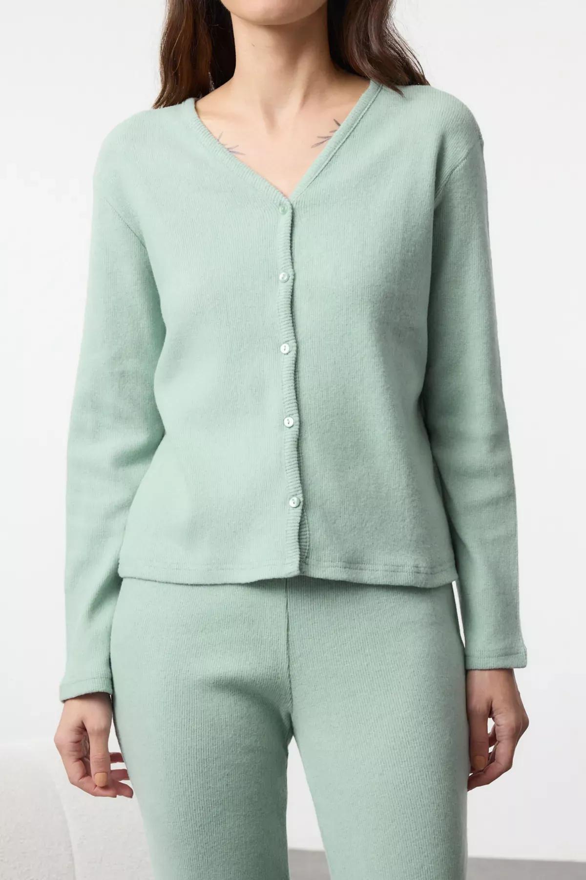 Green Ribbed Soft Knit Cardigan Pajama Set (2 pcs), Mint, large image number 2