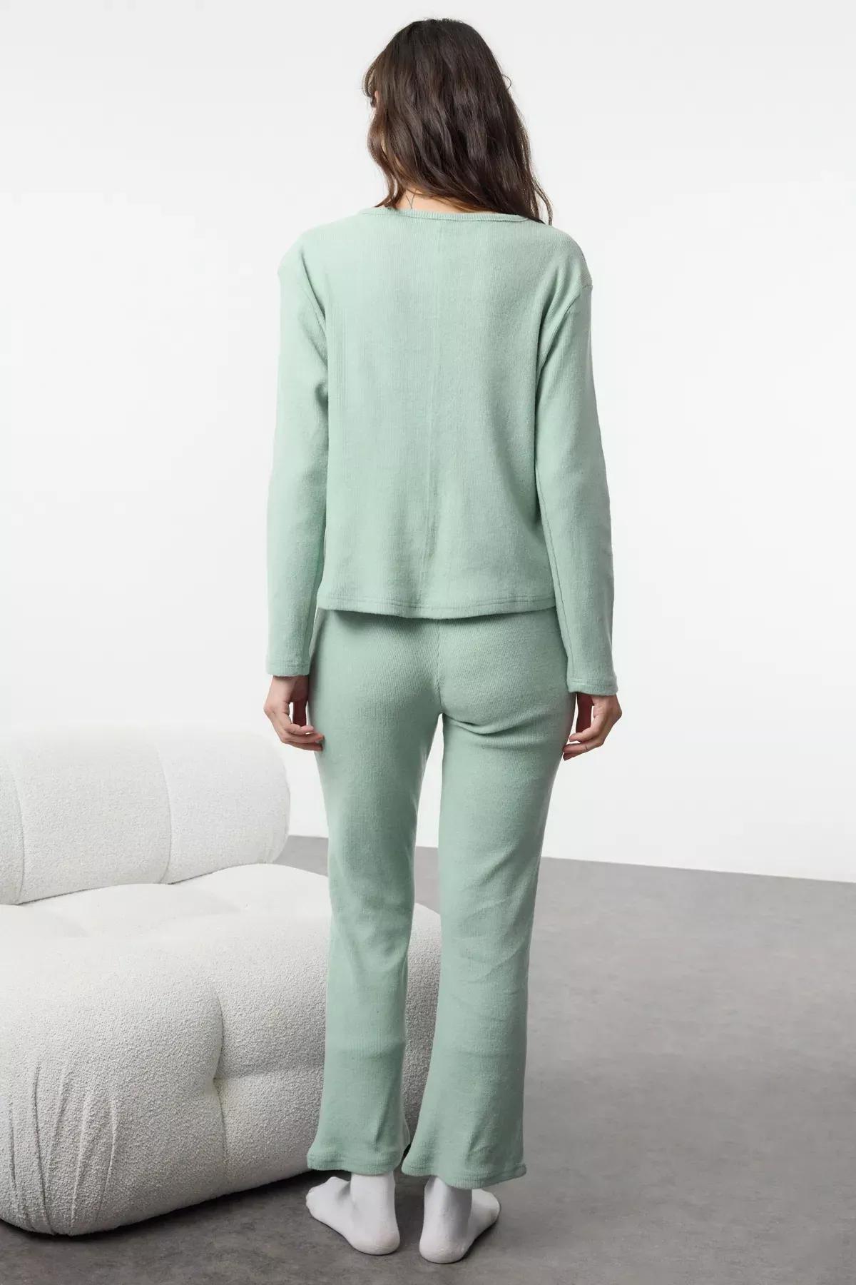 Green Ribbed Soft Knit Cardigan Pajama Set (2 pcs), Mint, large image number 4