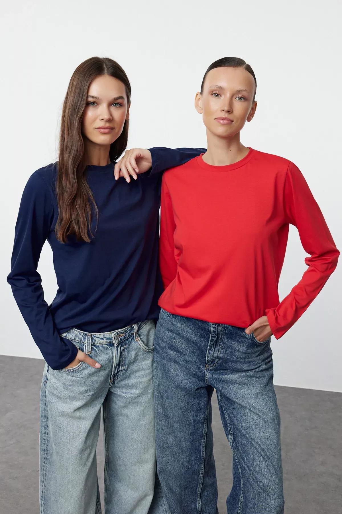 Navy Blue-Red 2 Pack Crew Neck Regular/Normal Cut Knitted T-Shirt TWOAW25TS00001, 2s, , large image number 0
