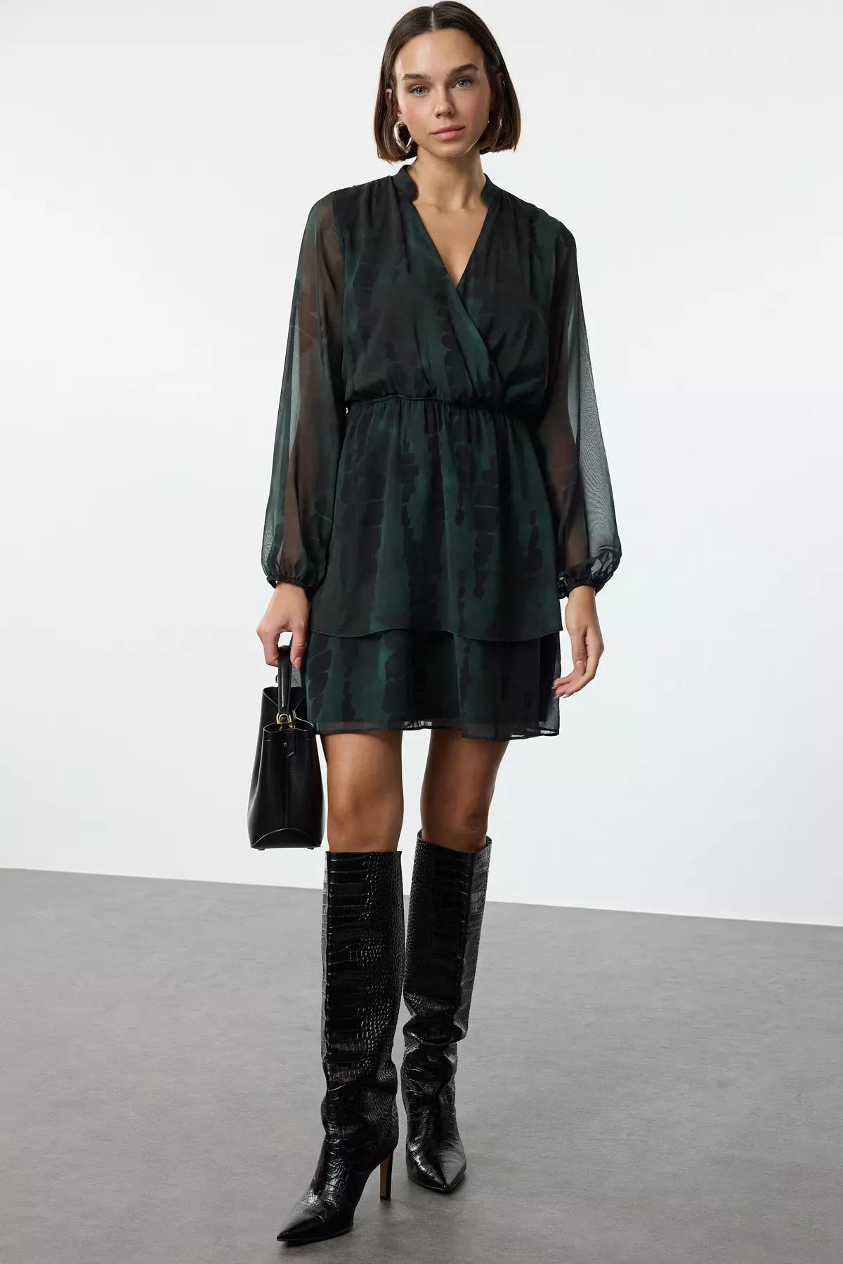 Green Pattern Double-Breasted Skater Dress, Green, large image number 0