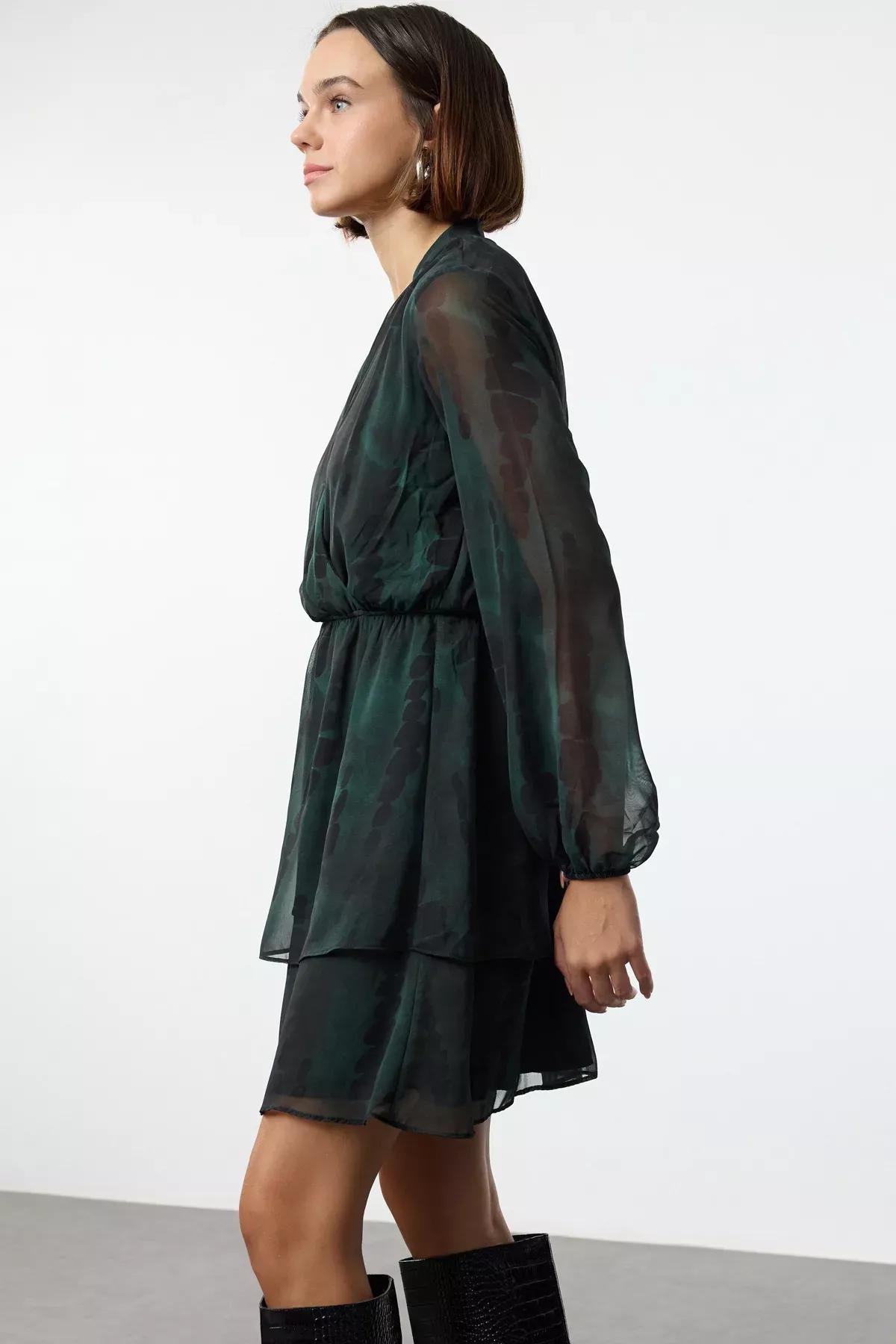 Green Pattern Double-Breasted Skater Dress, Green, large image number 1