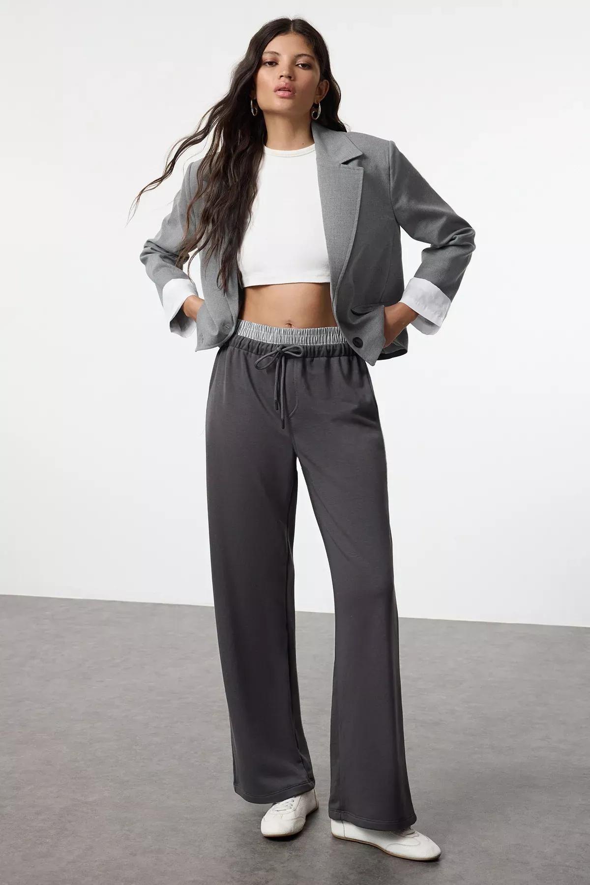 Grey Elastic Flat Knit Pants, Anthracite, medium