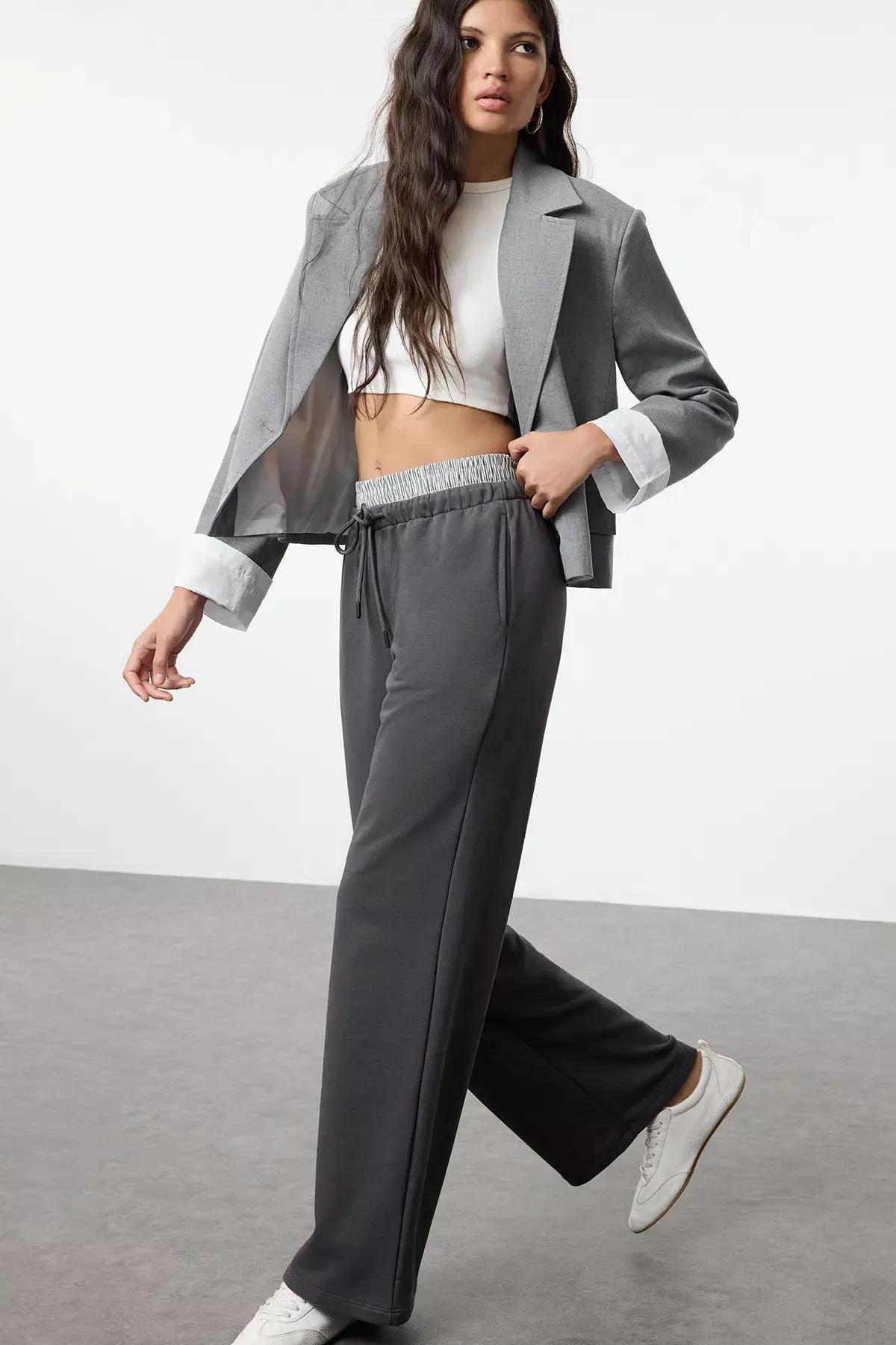 Grey Elastic Flat Knit Pants, Anthracite, medium