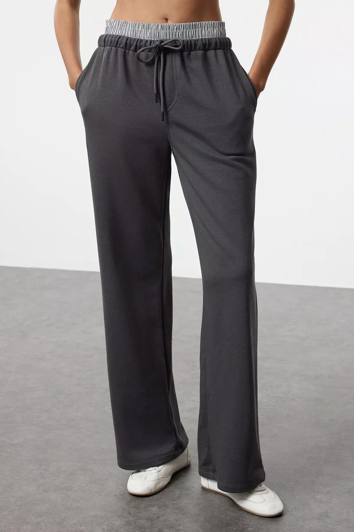 Grey Elastic Flat Knit Pants, Anthracite, medium