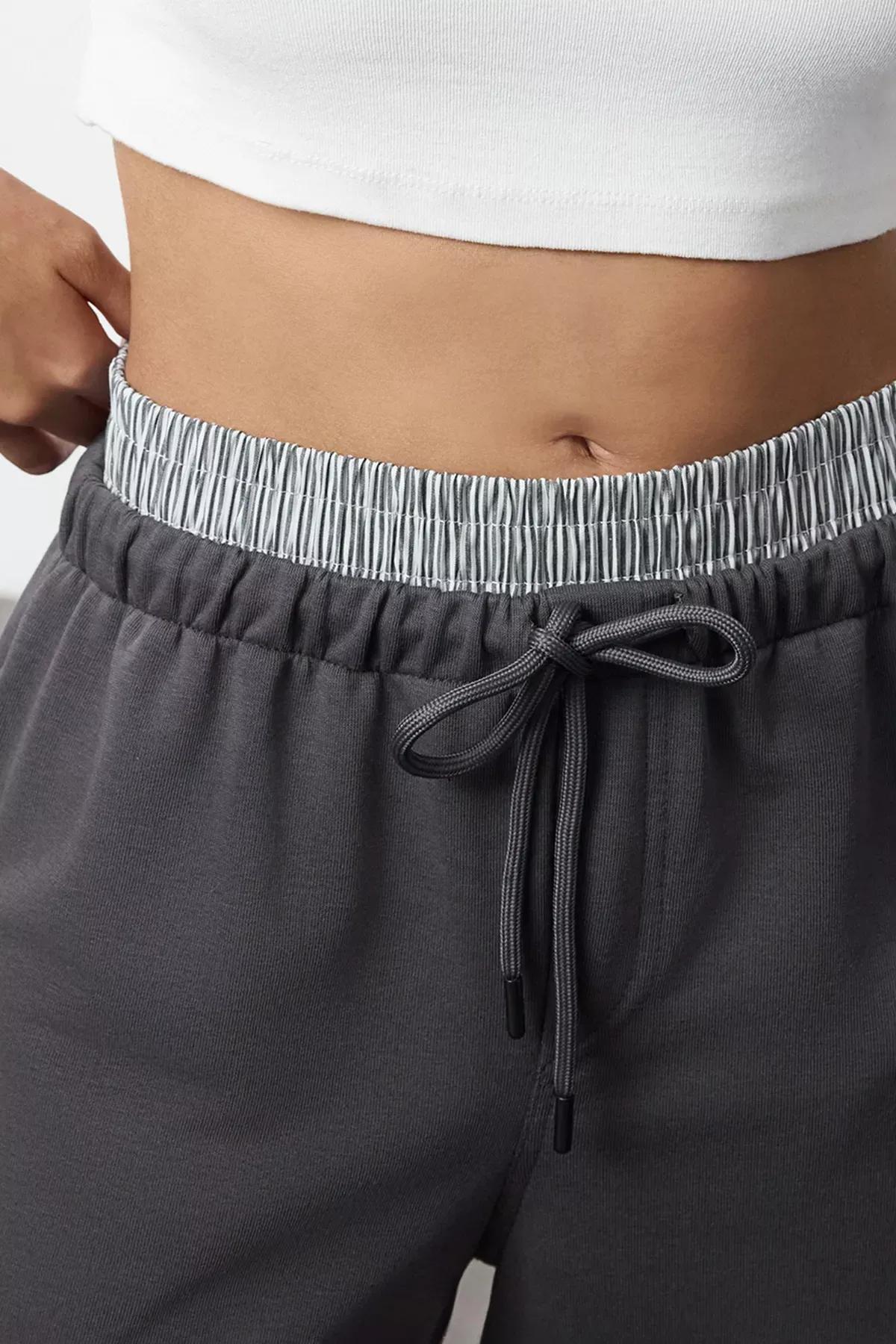 Grey Elastic Flat Knit Pants, Anthracite, large image number 3