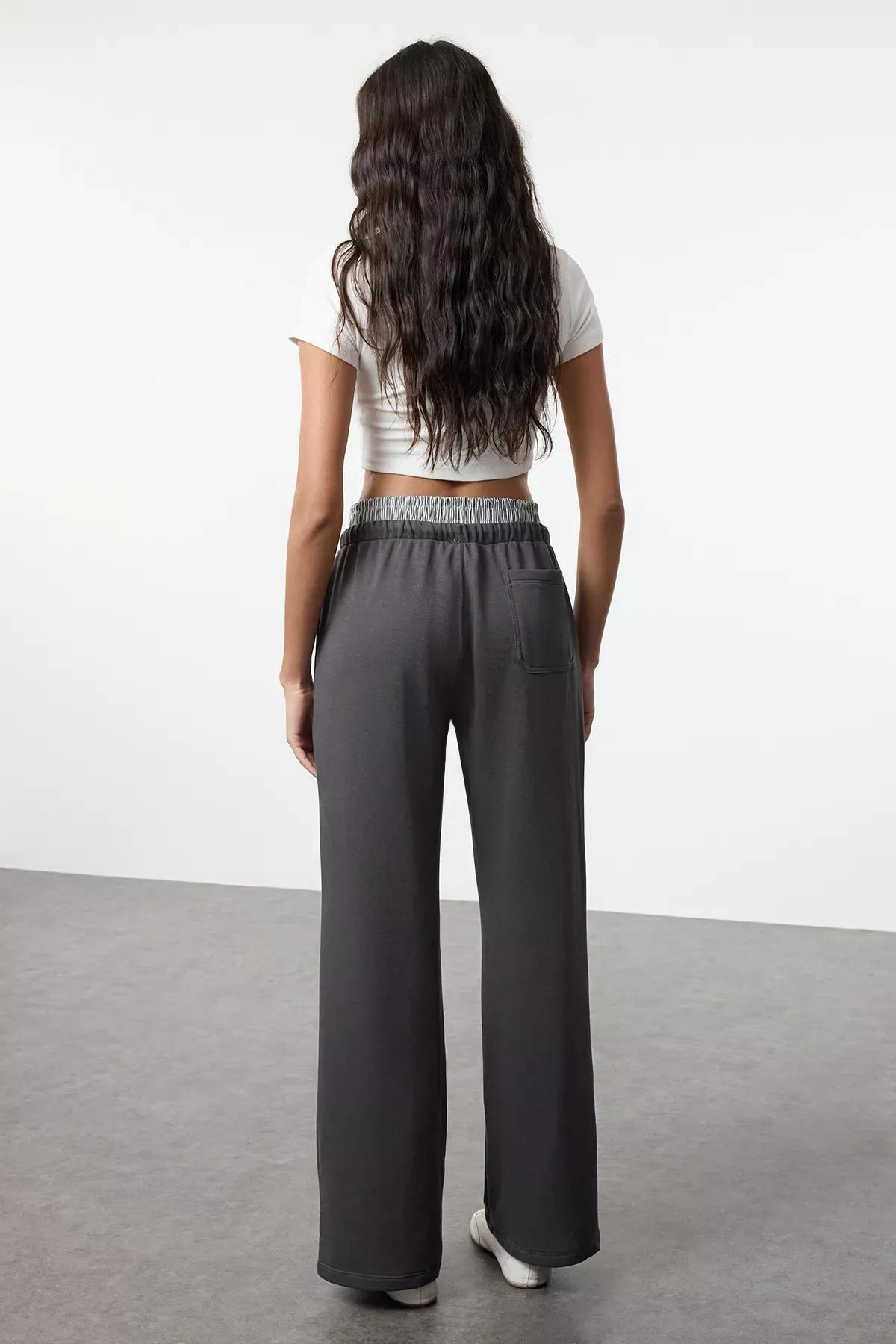 Grey Elastic Flat Knit Pants, Anthracite, large image number 4
