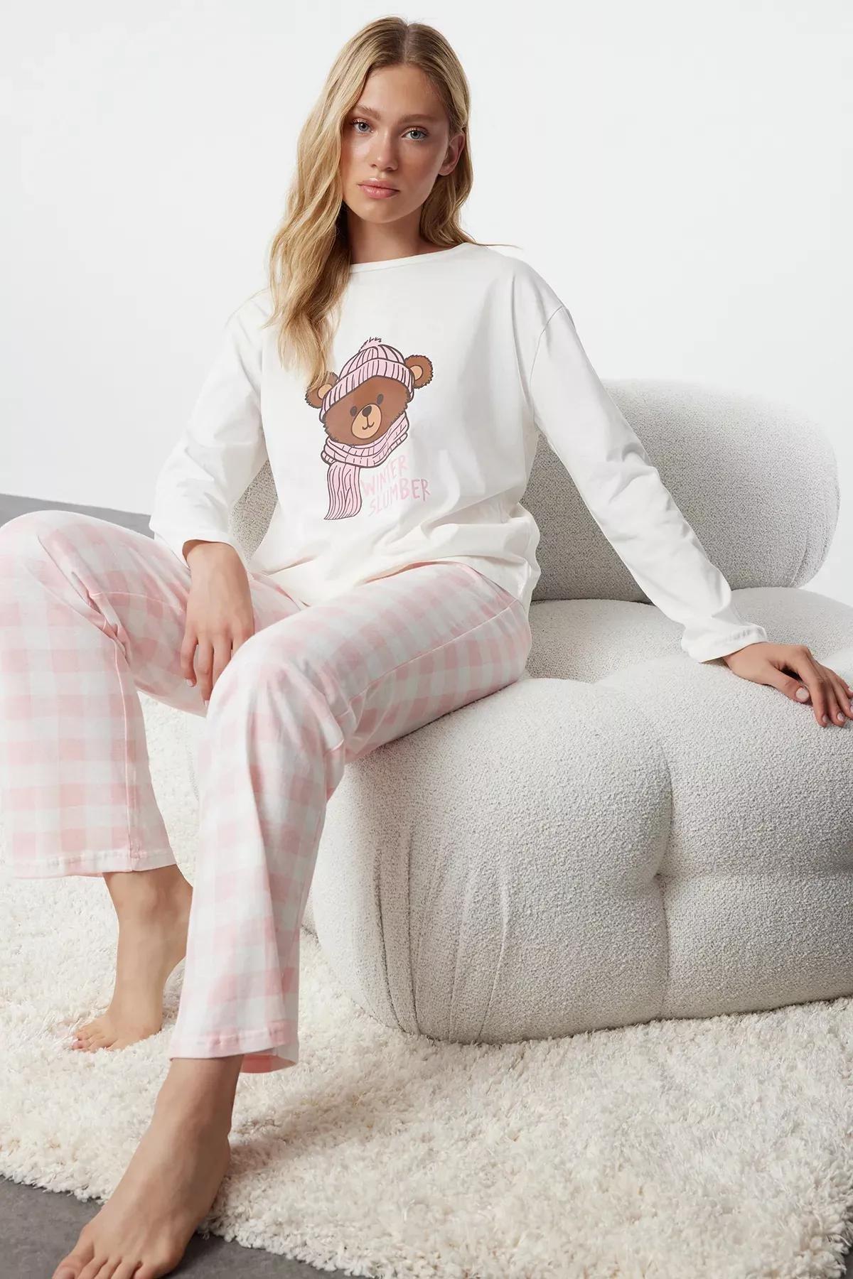 Beige Teddy Bear Plaid Pajama Set, Ecru, large image number 1