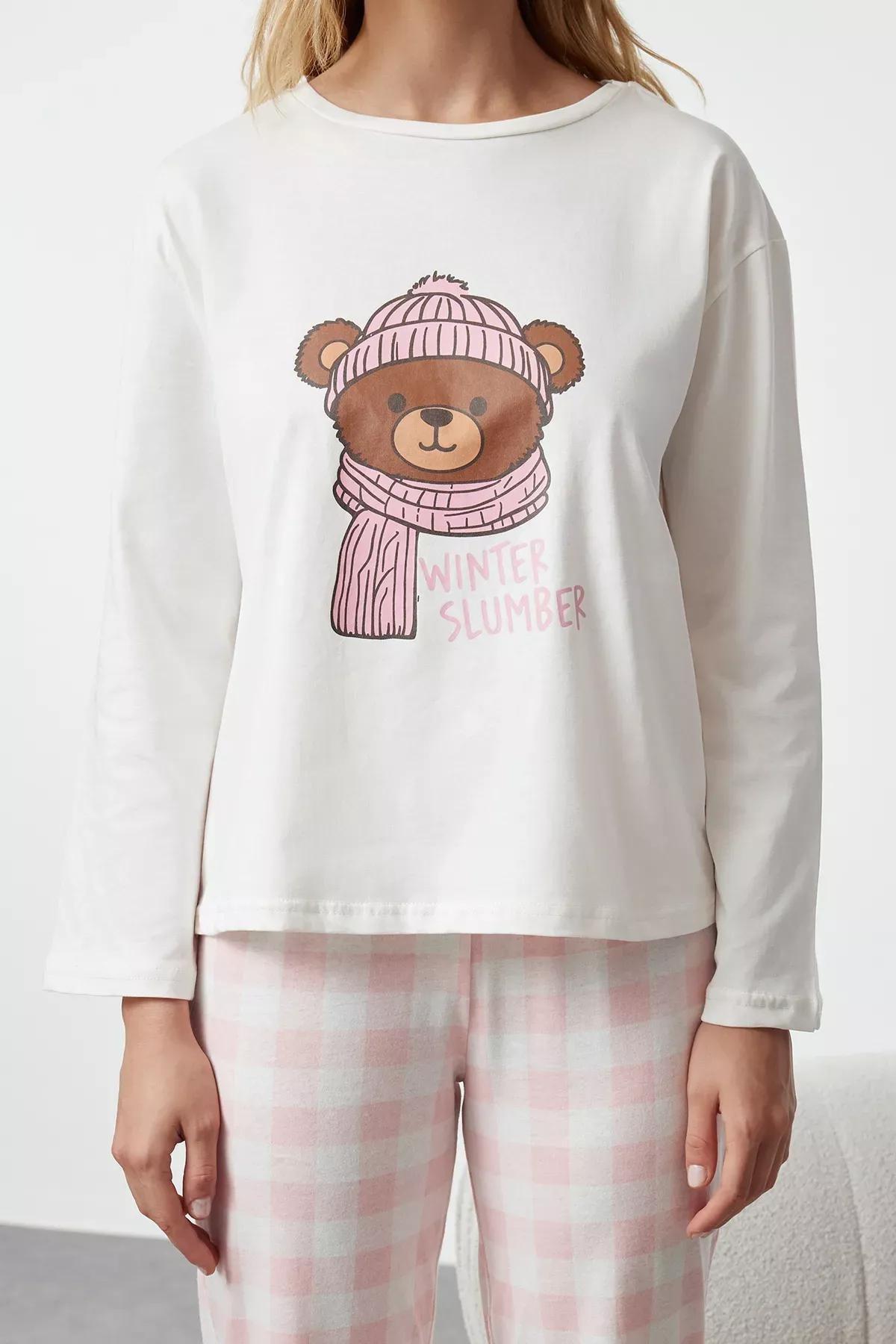 Beige Teddy Bear Plaid Pajama Set, Ecru, large image number 3