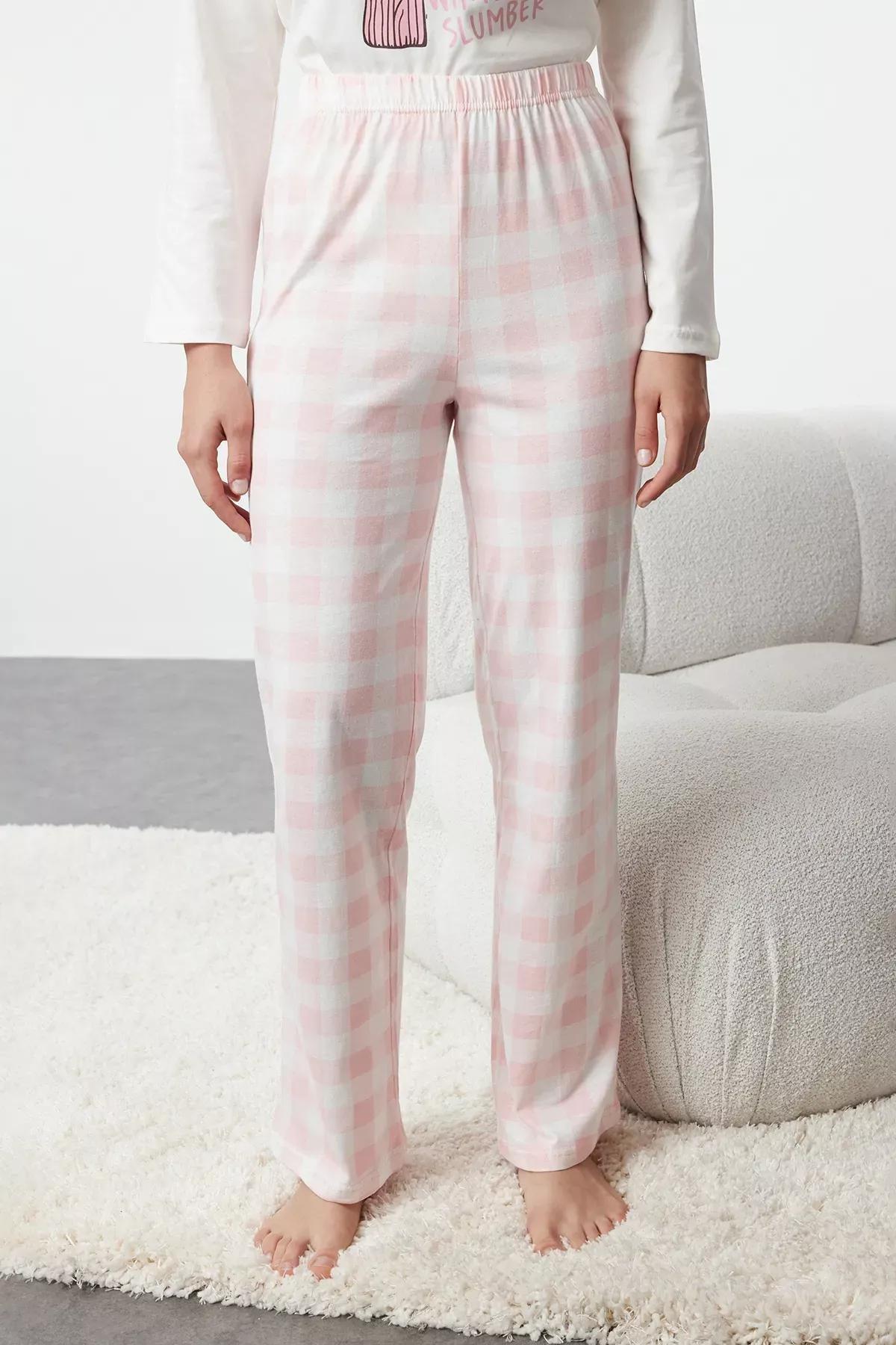 Beige Teddy Bear Plaid Pajama Set, Ecru, large image number 4