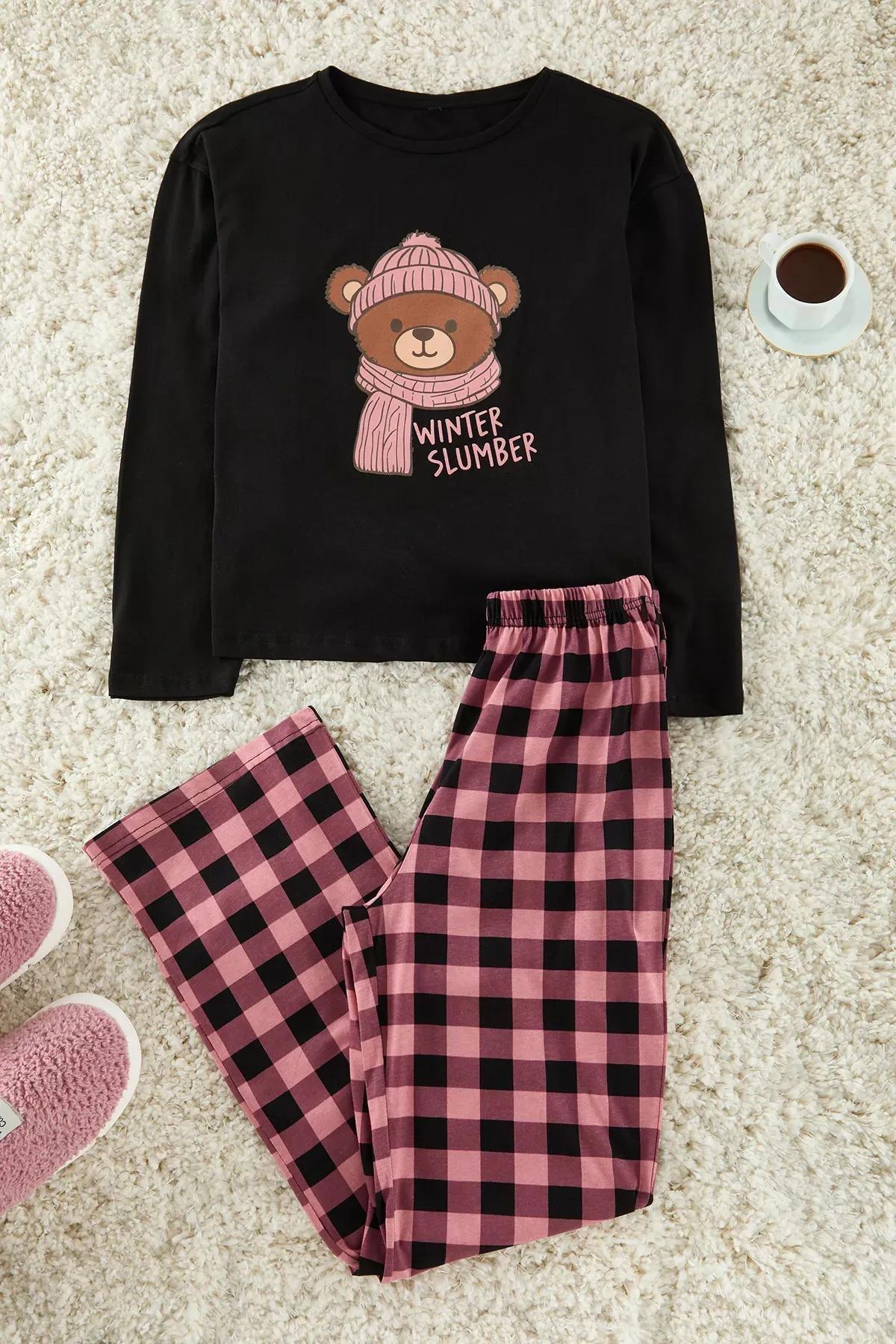 Black Teddy Bear Plaid Pajama Set, , large image number 0