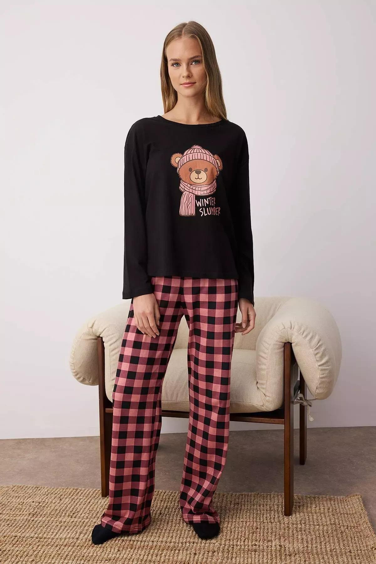 Black Teddy Bear Plaid Pajama Set, BLACK, large image number 1