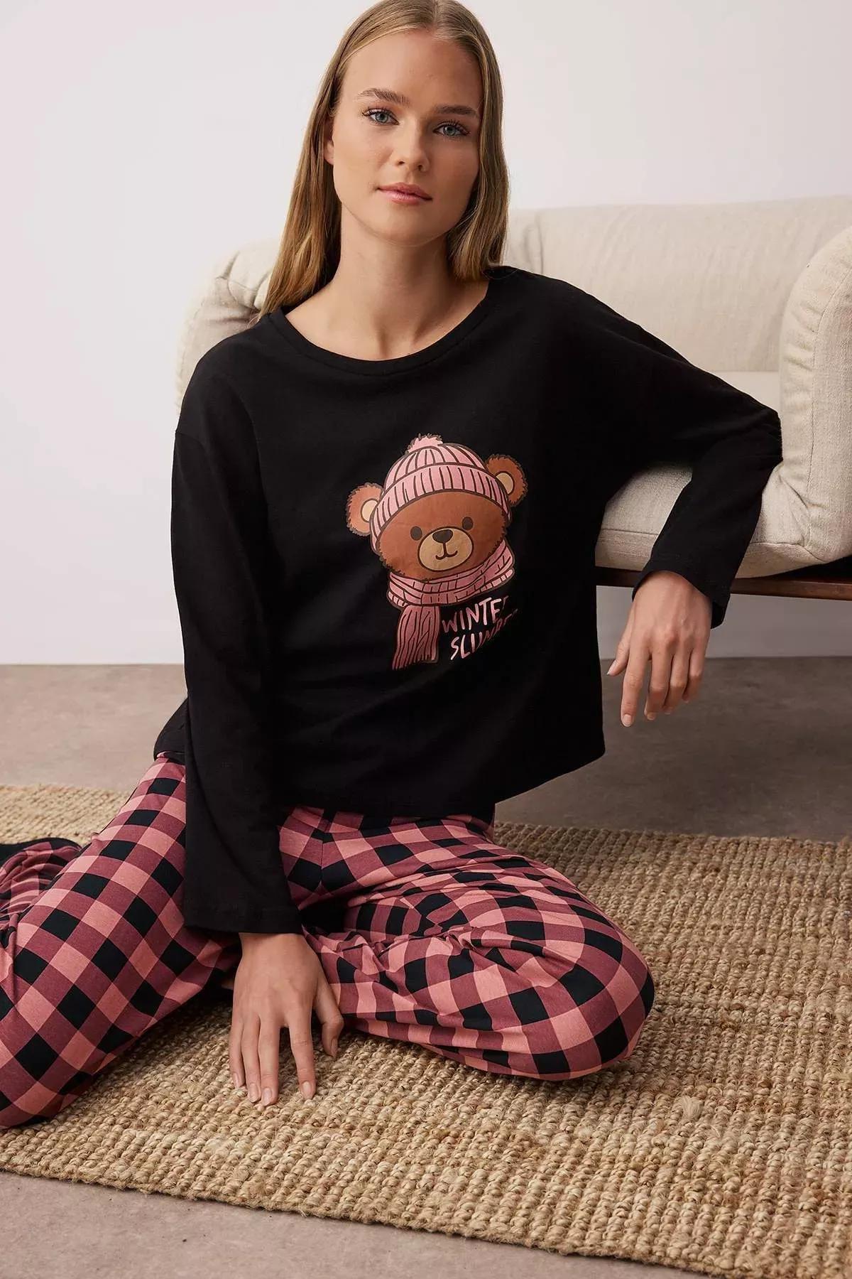 Black Teddy Bear Plaid Pajama Set, BLACK, large image number 2