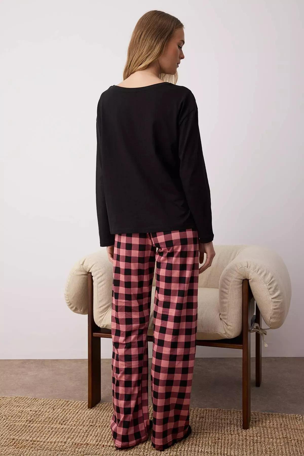 Black Teddy Bear Plaid Pajama Set, BLACK, large image number 4