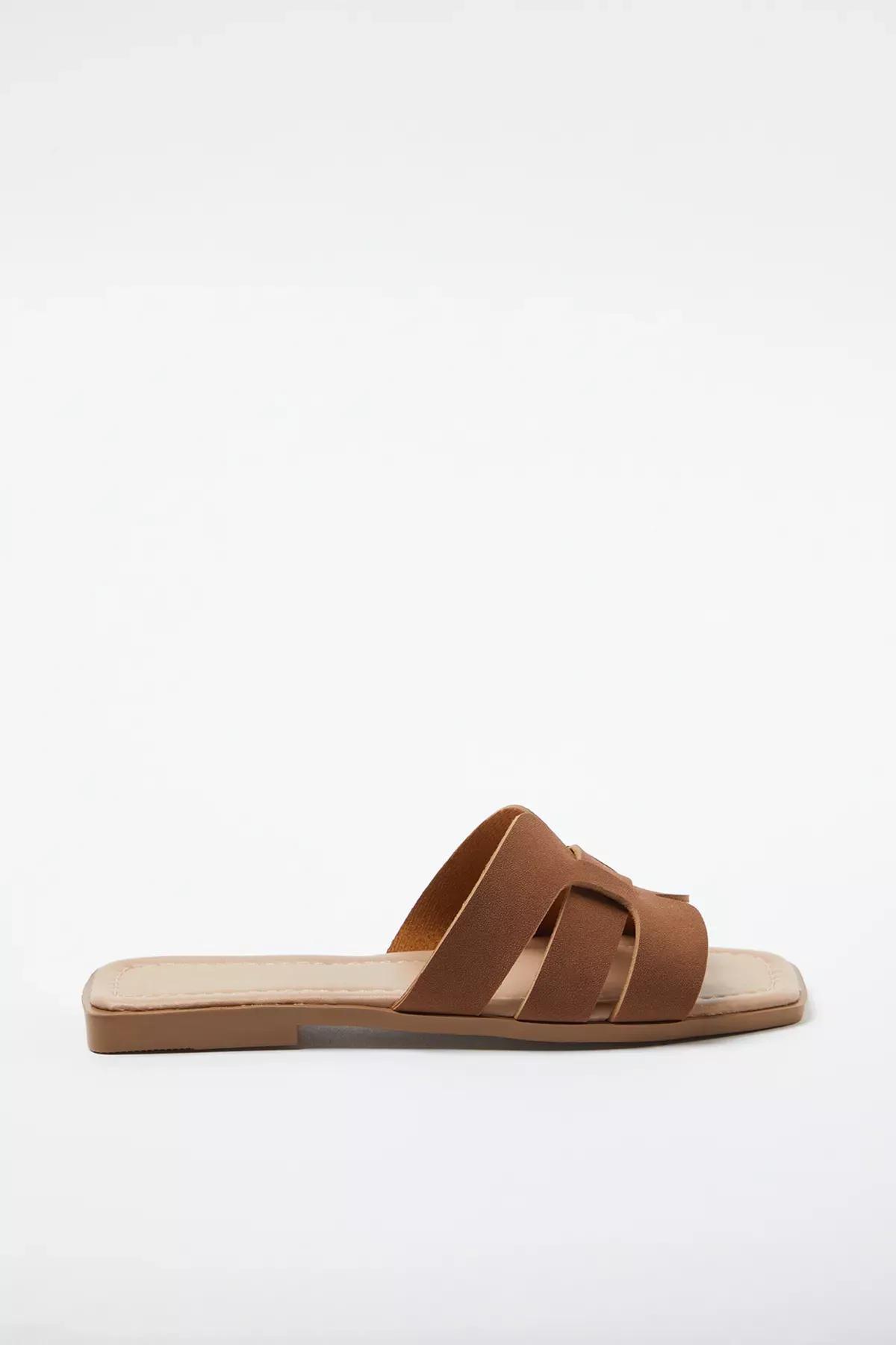 Brown Single Band Casual Slippers, Tan, medium