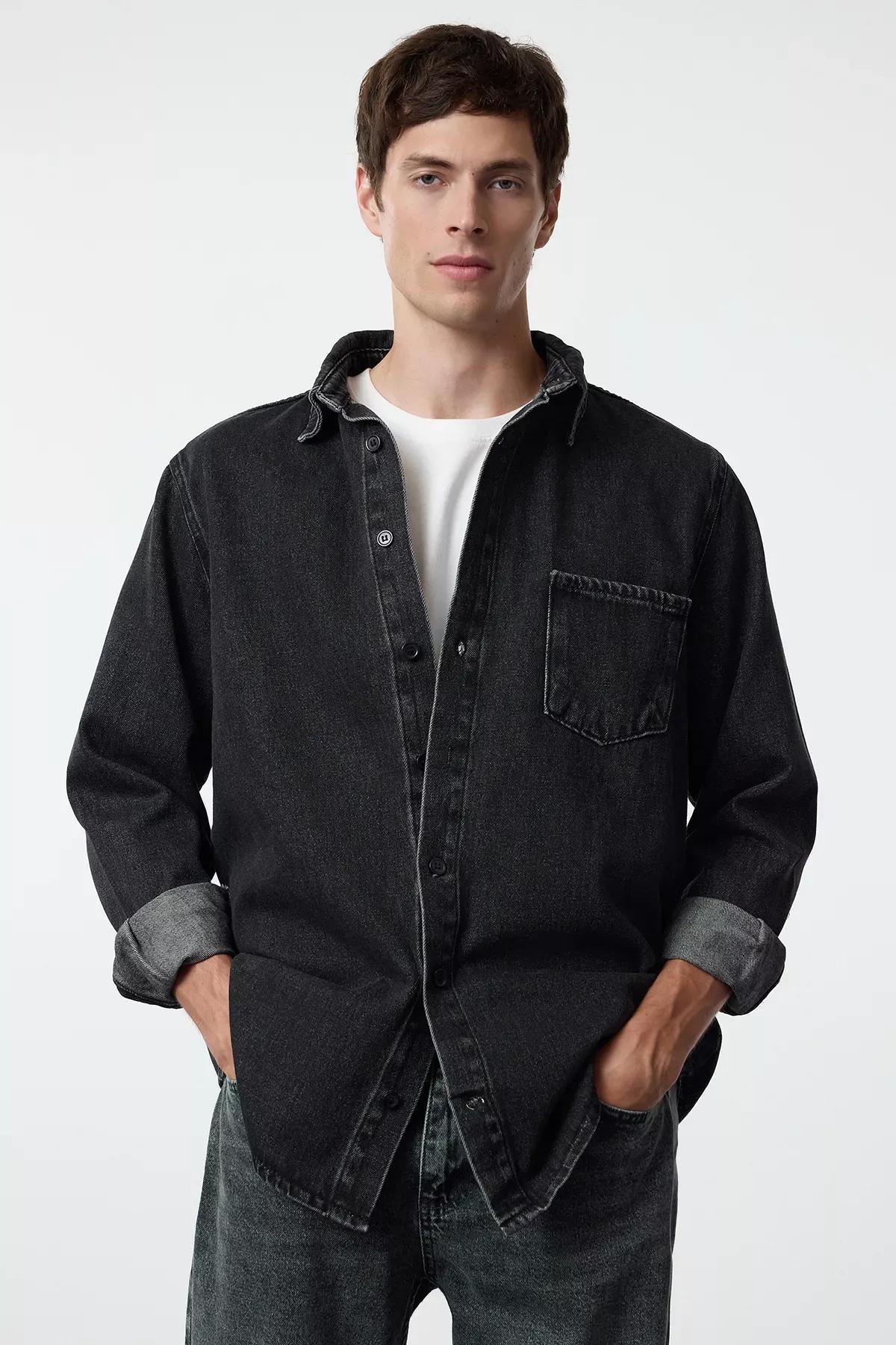 Black Denim Shirt Jacket, Anthracite, medium