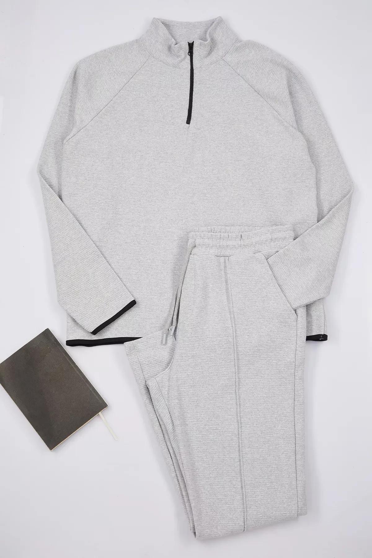 Grey Textured Knitted Pyjamas Set, Grey, large image number 0