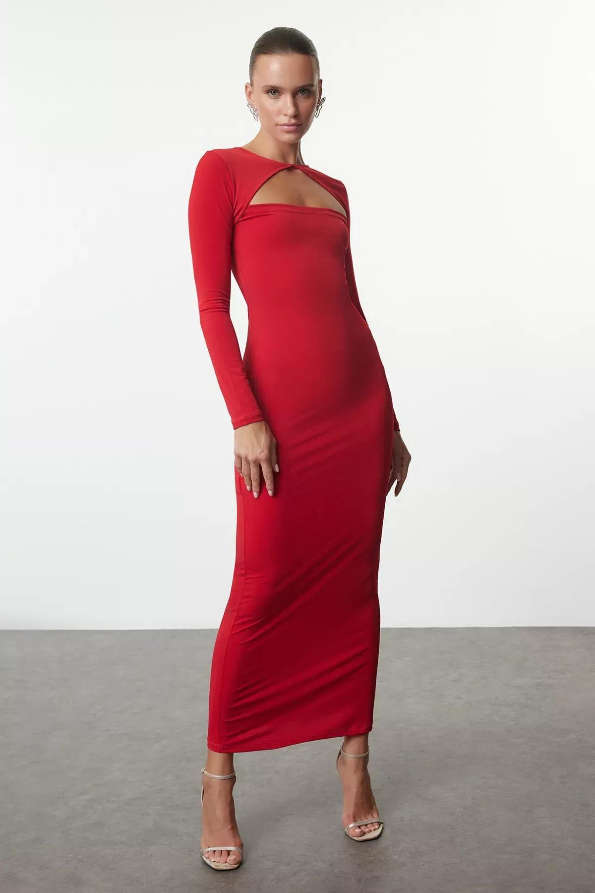 Red Detailed Knitted Occasionwear Dress, Red, large image number 1