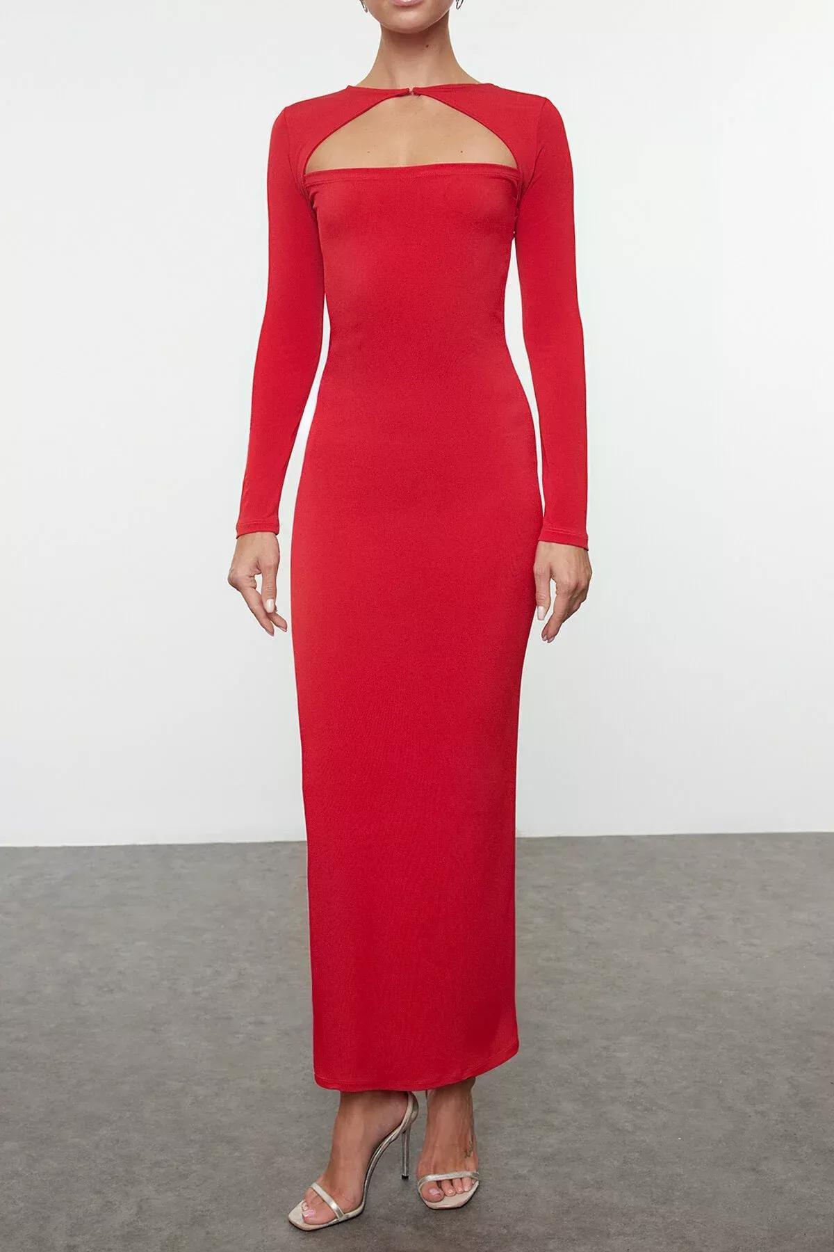 Red Detailed Knitted Occasionwear Dress, Red, large image number 2