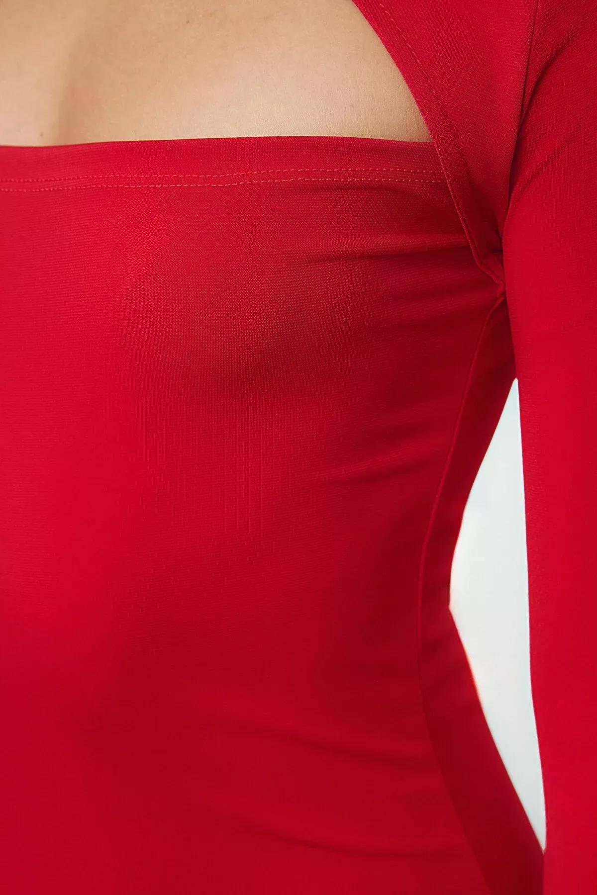 Red Detailed Knitted Occasionwear Dress, Red, large image number 3