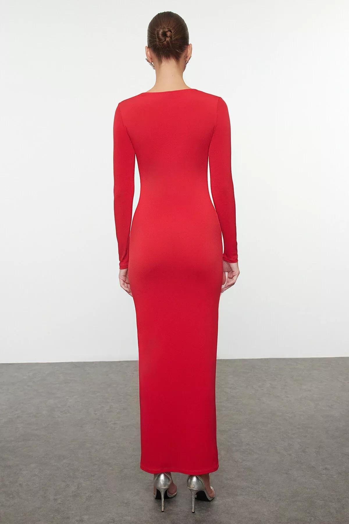 Red Detailed Knitted Occasionwear Dress, Red, large image number 4