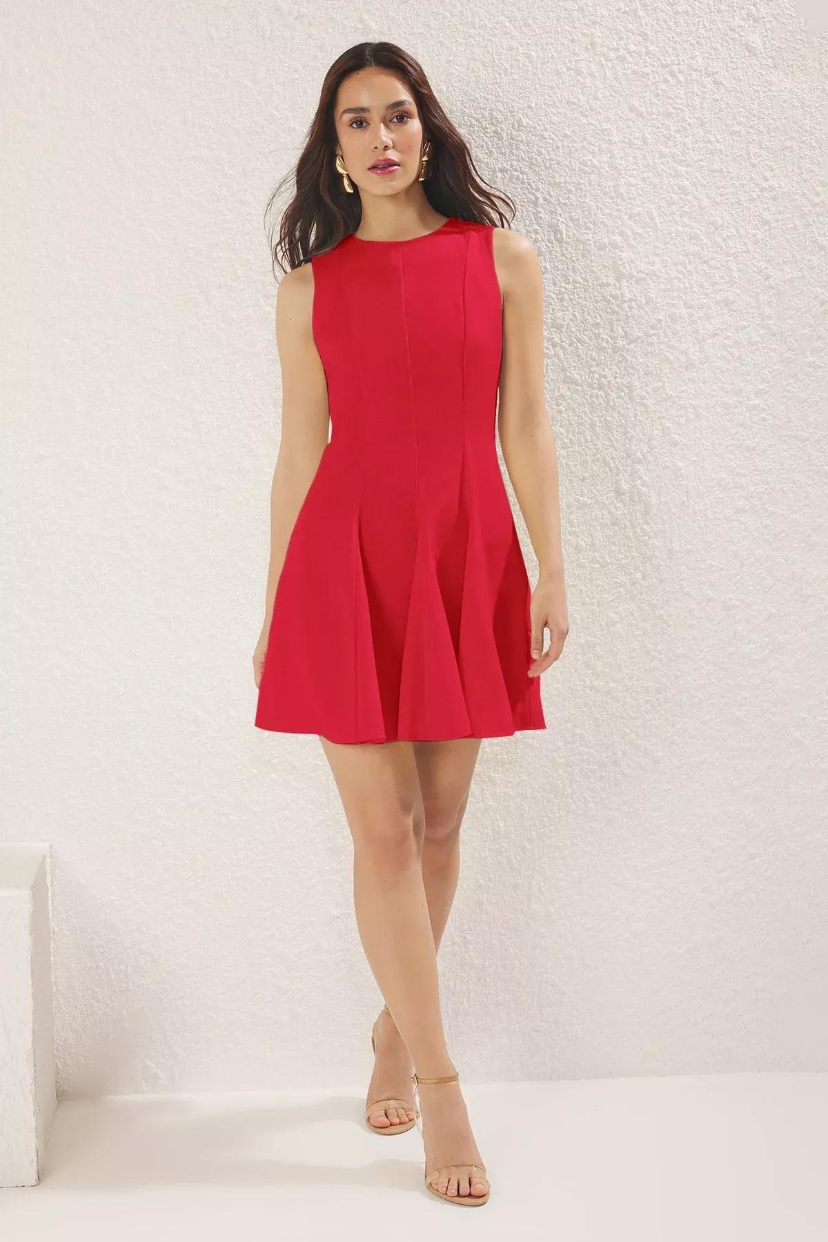 Red Opening Waist Mini Woven Dress, Red, large image number 0