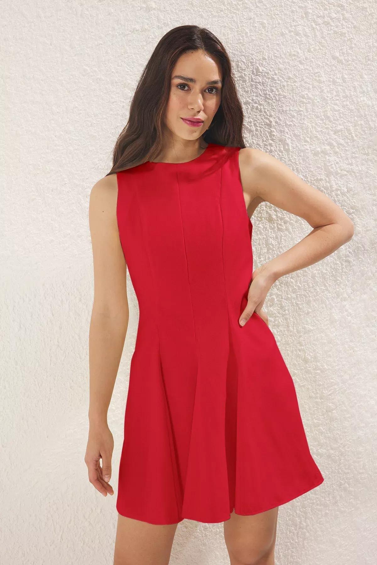 Red Opening Waist Mini Woven Dress, Red, large image number 1