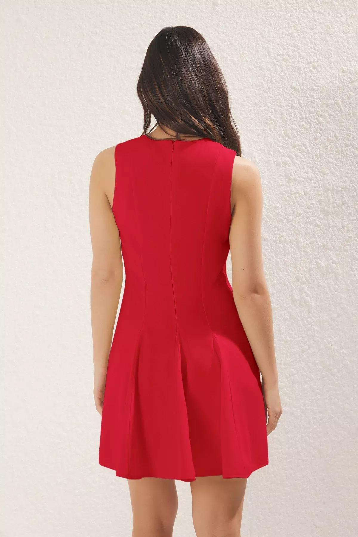 Red Opening Waist Mini Woven Dress, Red, large image number 3