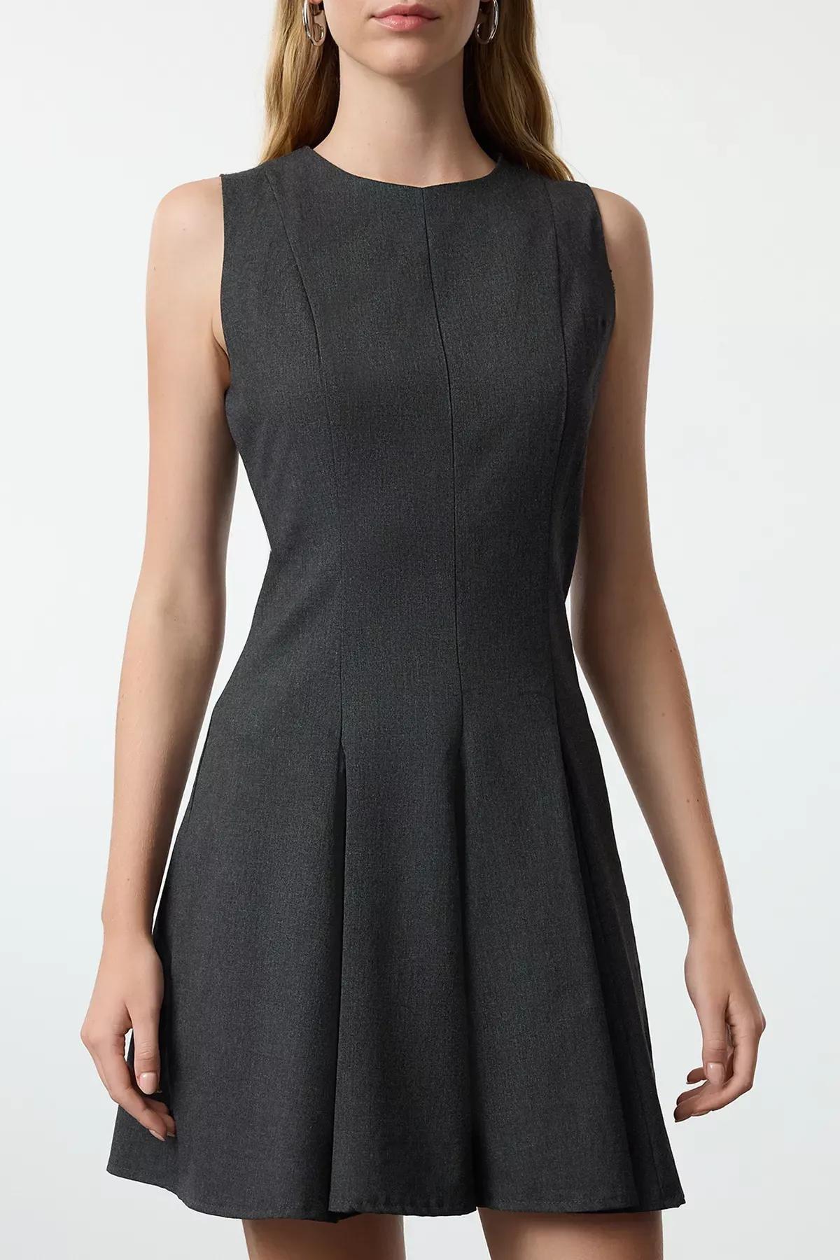 Grey Skater Crew Neck Mini Polyviscon Dress, , large image number 5