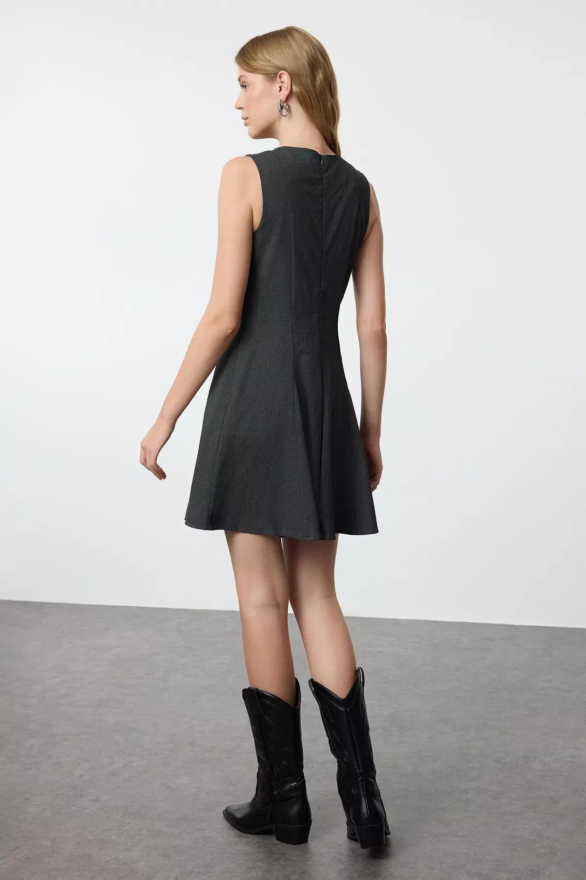 Grey Skater Crew Neck Mini Polyviscon Dress, , large image number 6