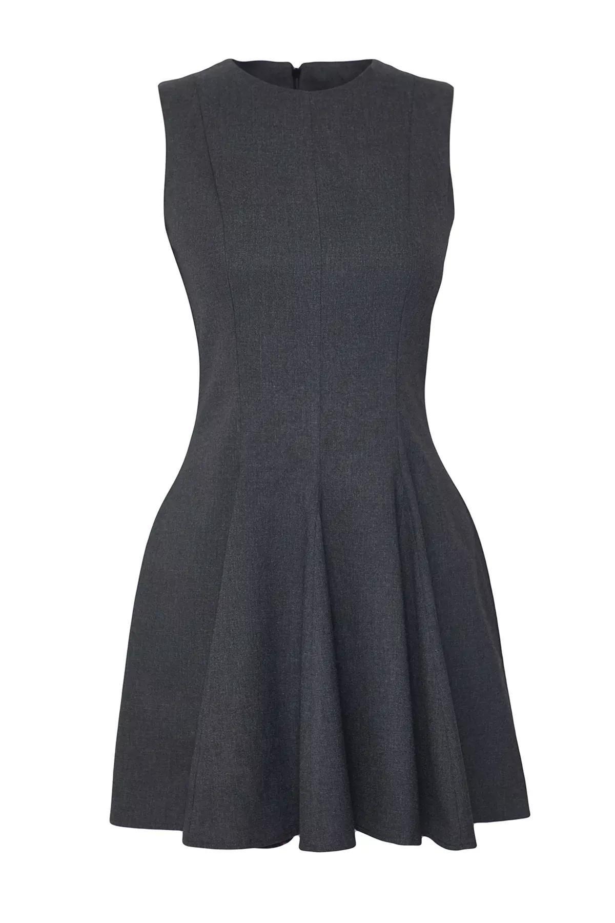 Grey Skater Crew Neck Mini Polyviscon Dress, , large image number 7