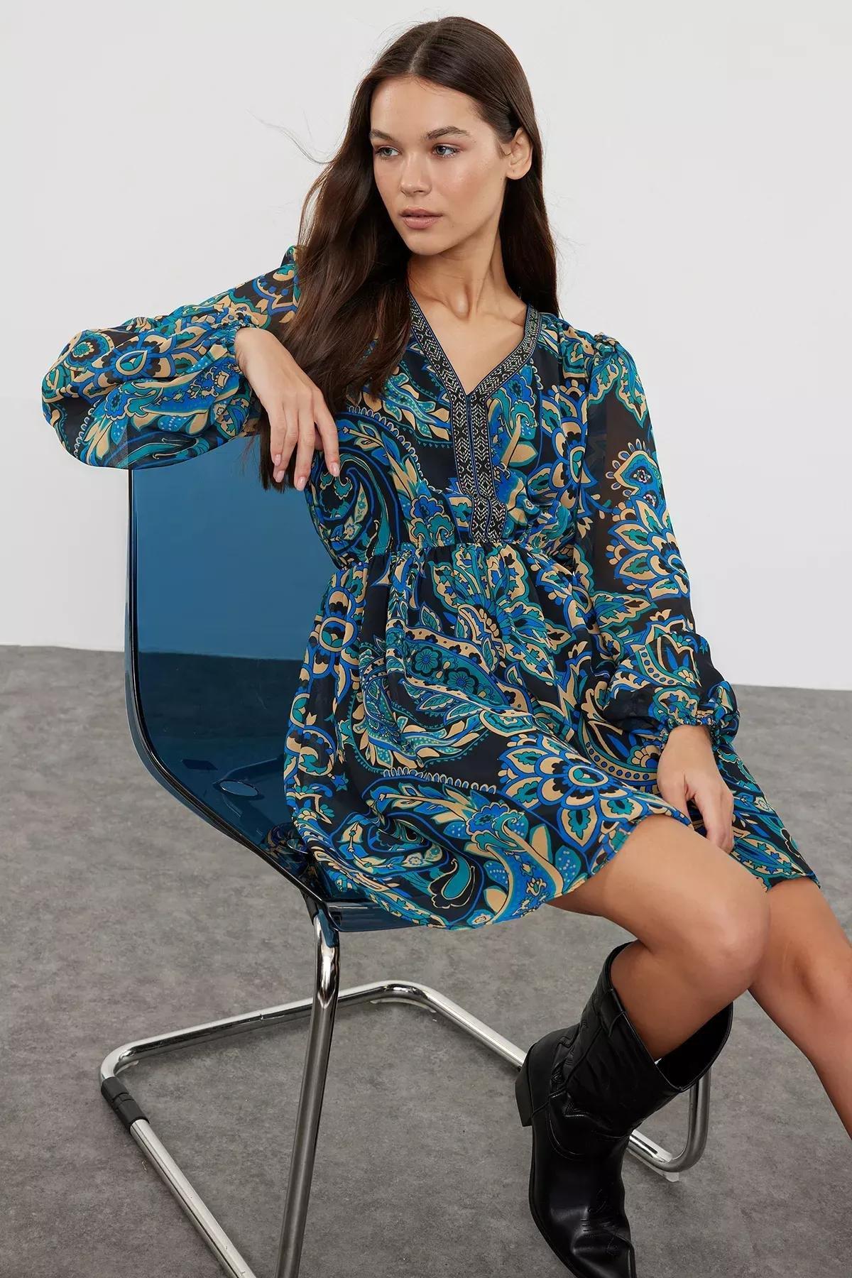 Blue Floral Mini Woven Dress, Green, large image number 0