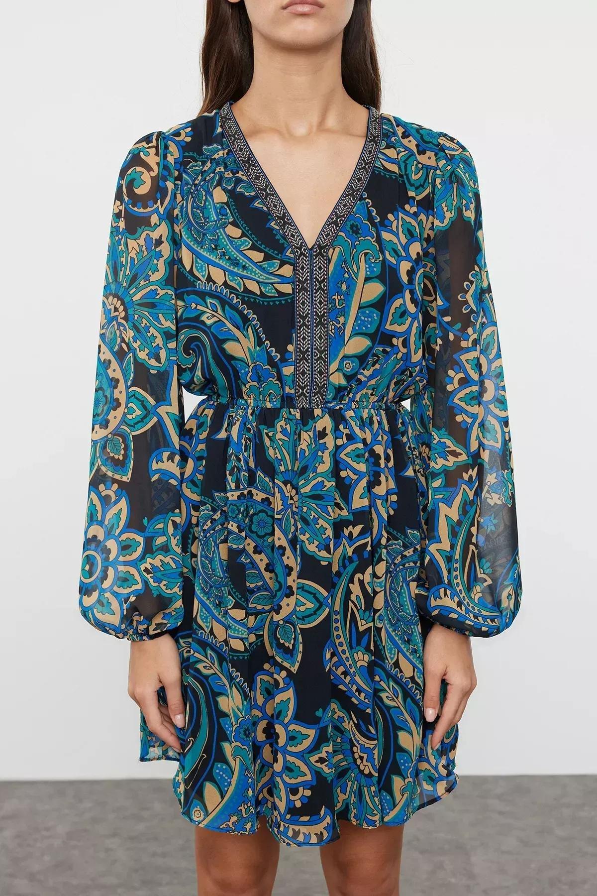 Blue Floral Mini Woven Dress, Green, large image number 2