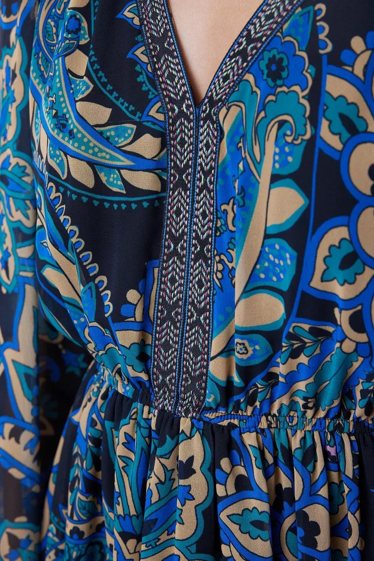 Blue Floral Mini Woven Dress, Green, large image number 3