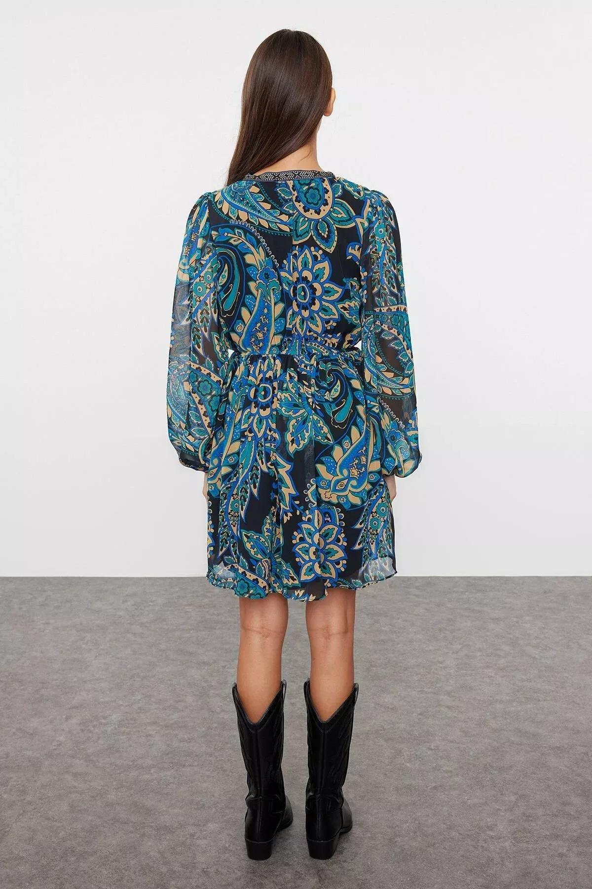 Blue Floral Mini Woven Dress, Green, large image number 4