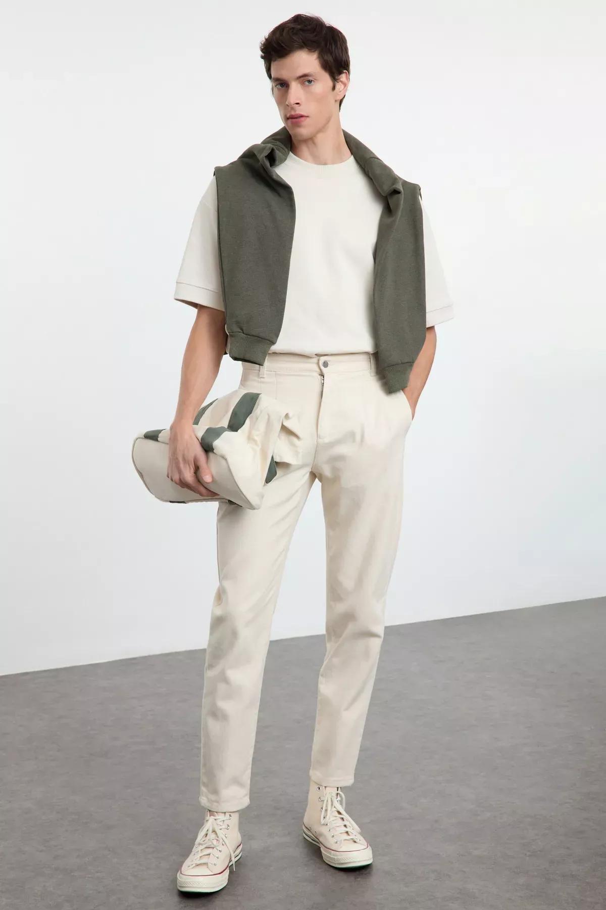 Beige Pleated Balloon Fit Trousers, STONE, large image number 1