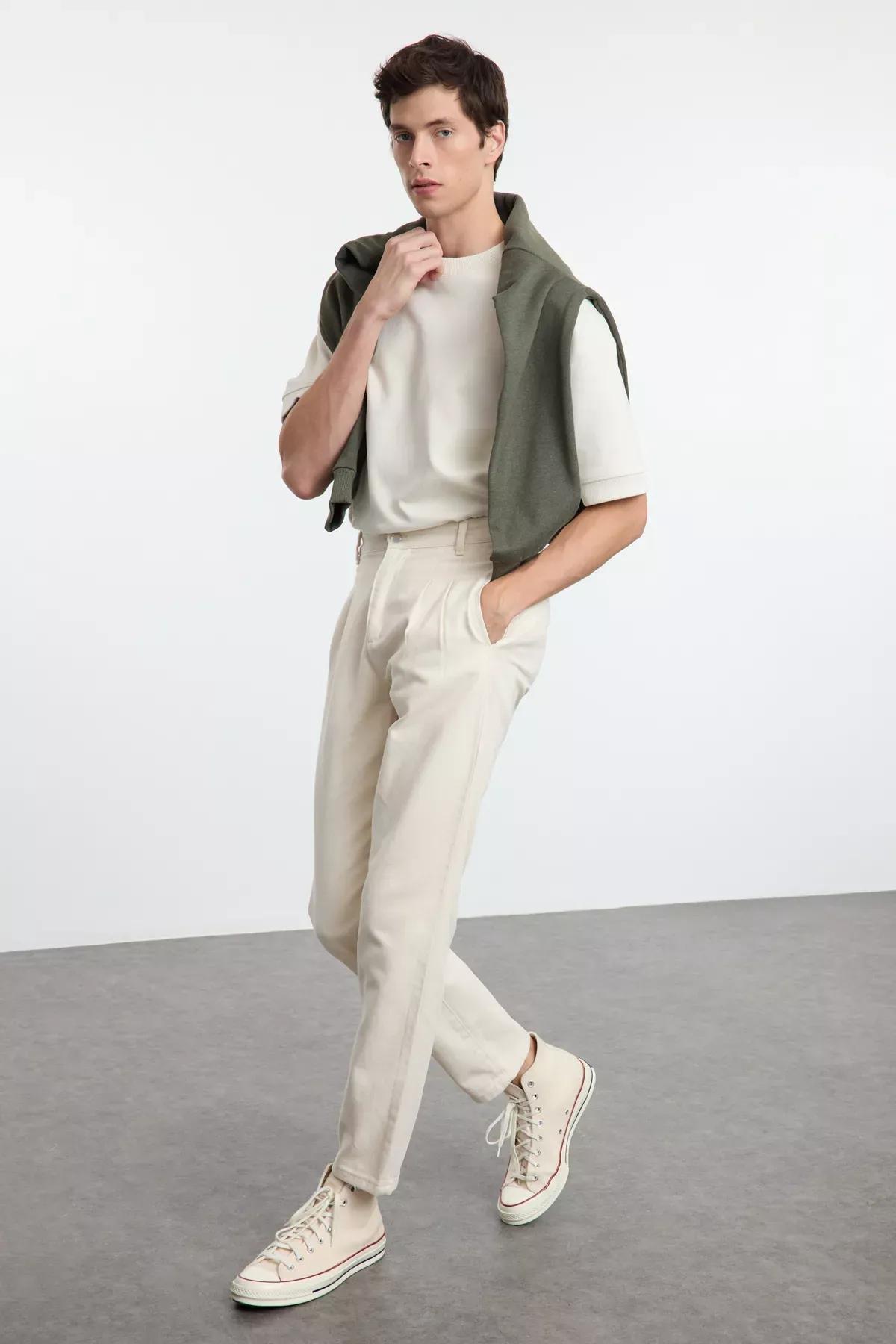 Beige Pleated Balloon Fit Trousers, STONE, large image number 2