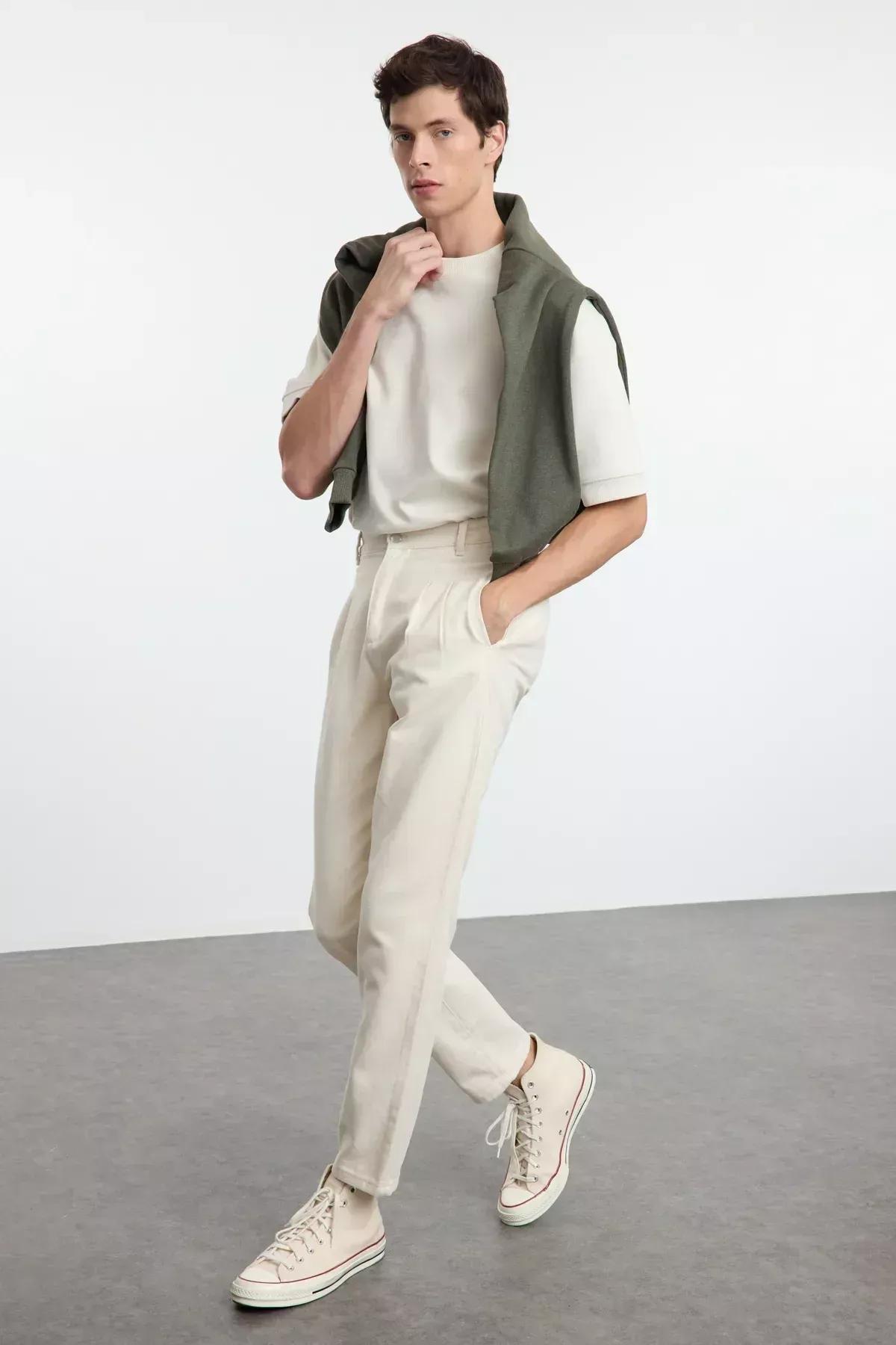 Beige Pleated Balloon Fit Trousers, , large image number 2