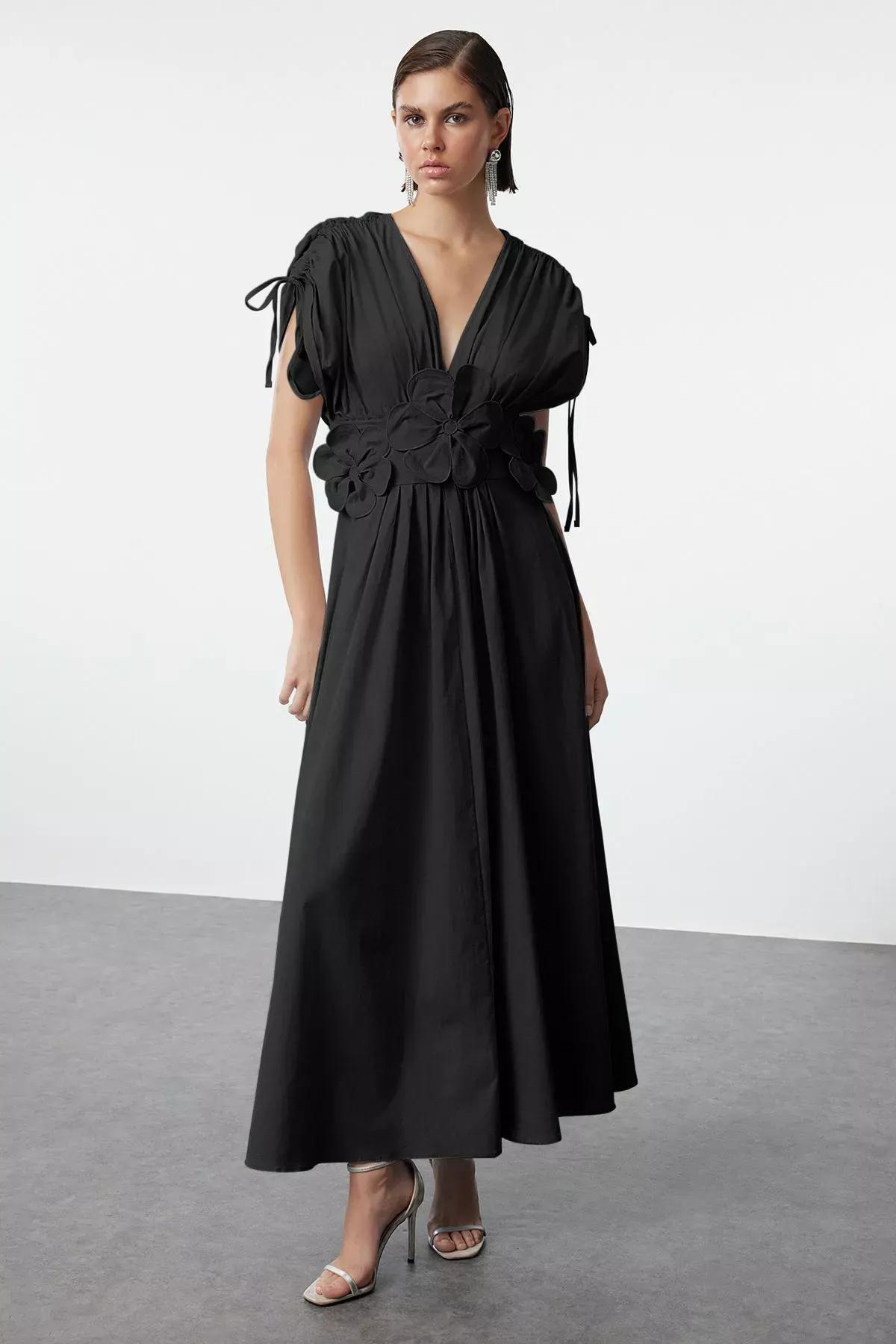 Black Detailed Poplin Occasionwear Dress, , large image number 0
