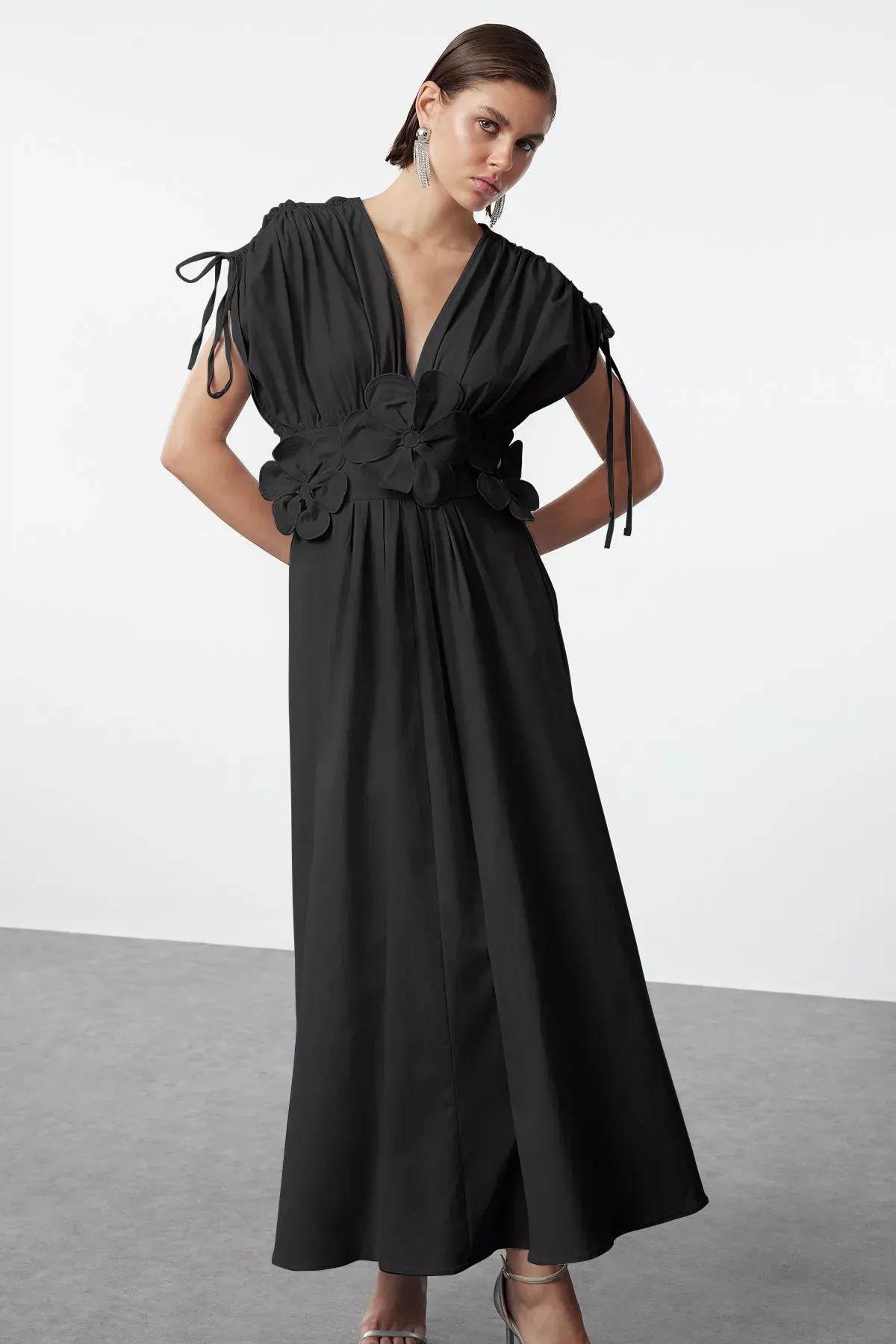 Black Detailed Poplin Occasionwear Dress, , large image number 1