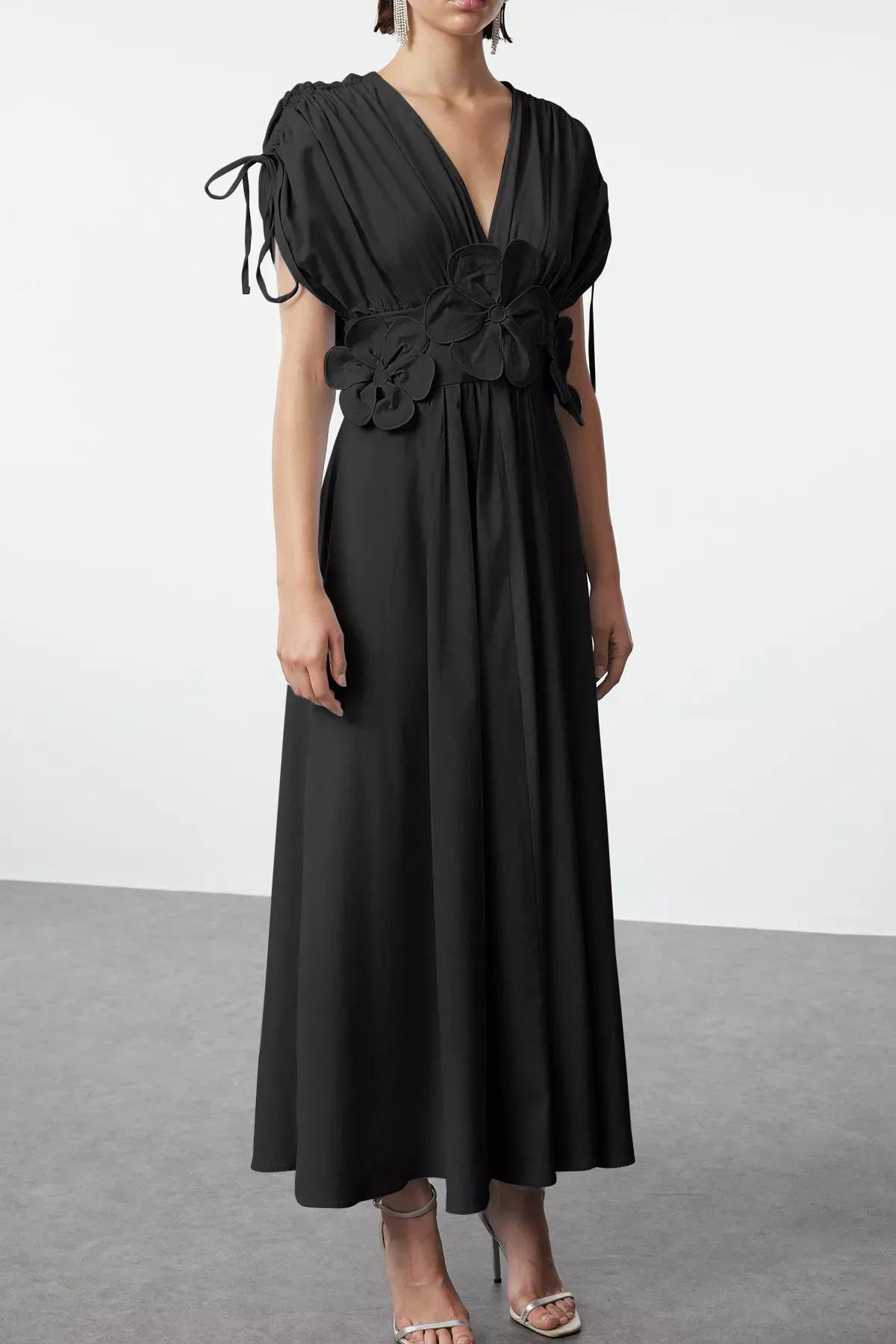 Black Detailed Poplin Occasionwear Dress, , large image number 2