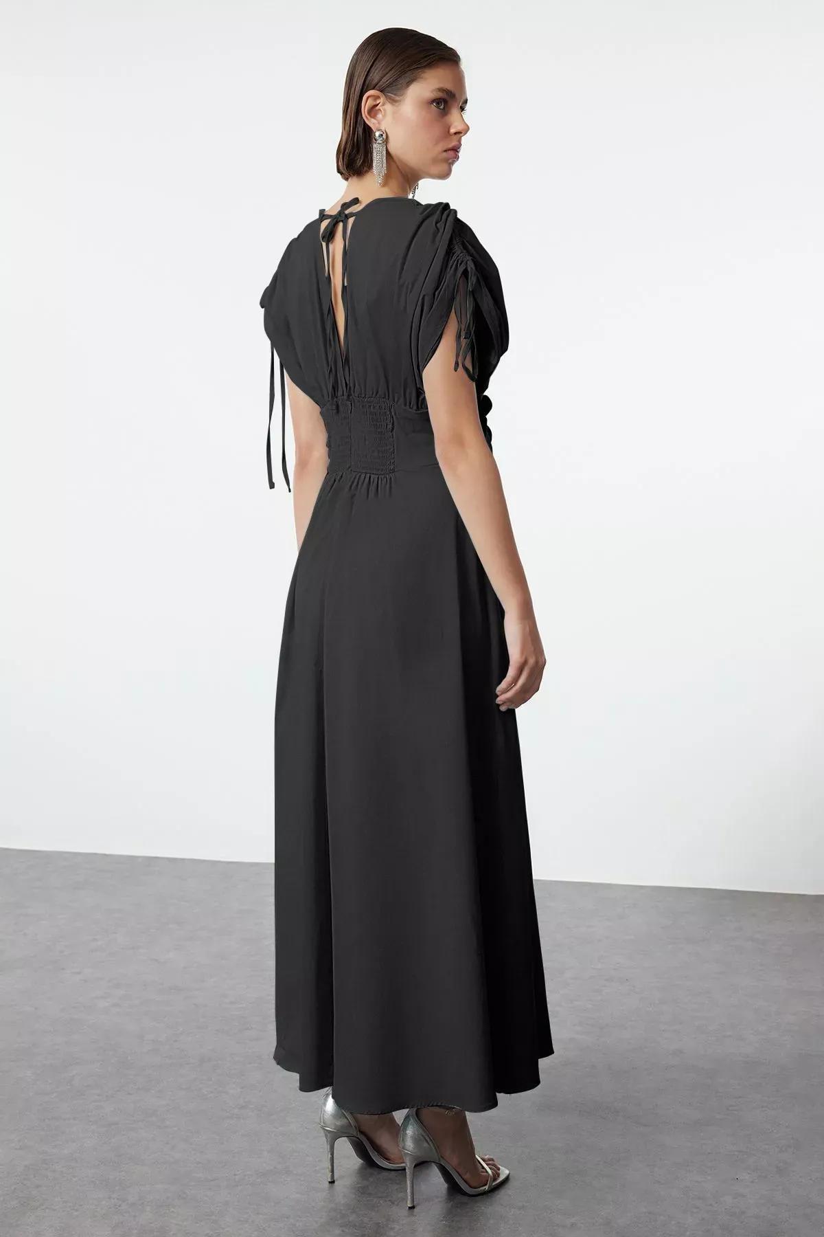 Black Detailed Poplin Occasionwear Dress, , large image number 4