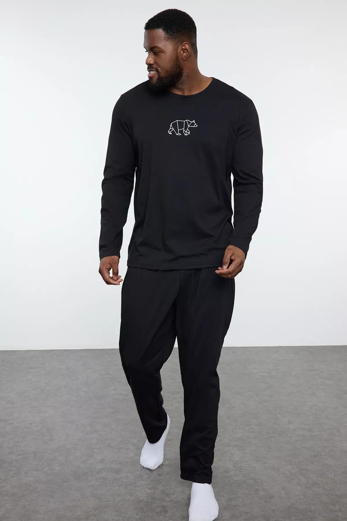 Black mens Embroidered pajama set, BLACK, medium