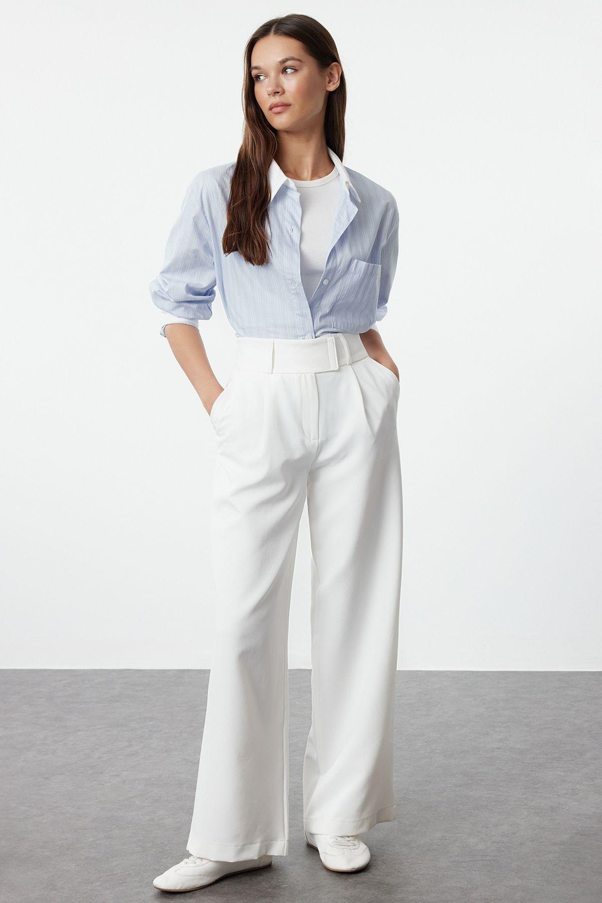 Ecru Waist Detailed Wide Leg/Wide Leg Woven Trousers TWOAW25PL00038, Single item, , large image number 0