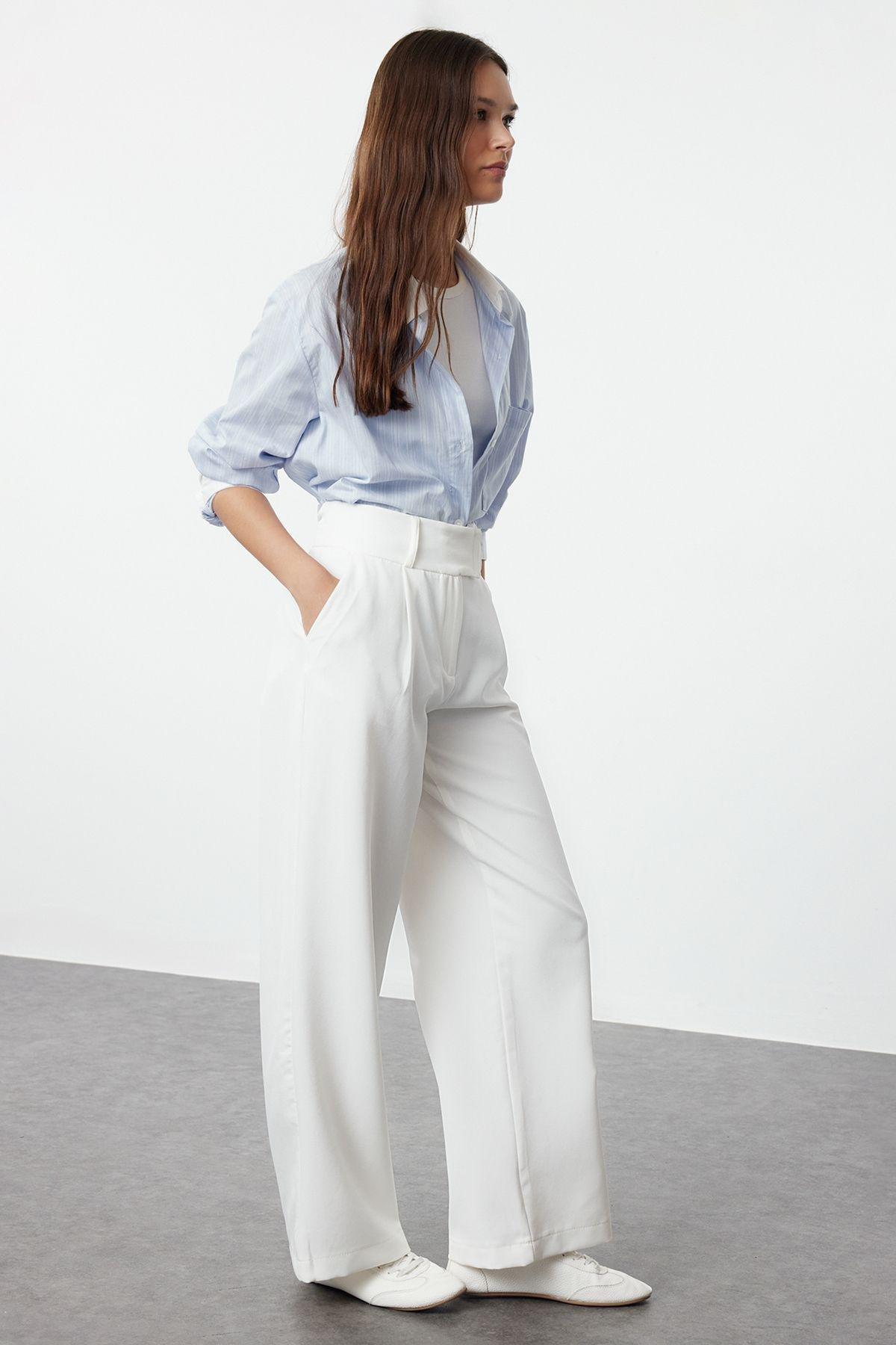 Ecru Waist Detailed Wide Leg/Wide Leg Woven Trousers TWOAW25PL00038, Single item, , large image number 1