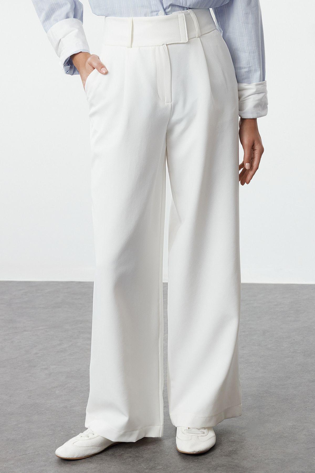 Ecru Waist Detailed Wide Leg/Wide Leg Woven Trousers TWOAW25PL00038, Single item, , large image number 3