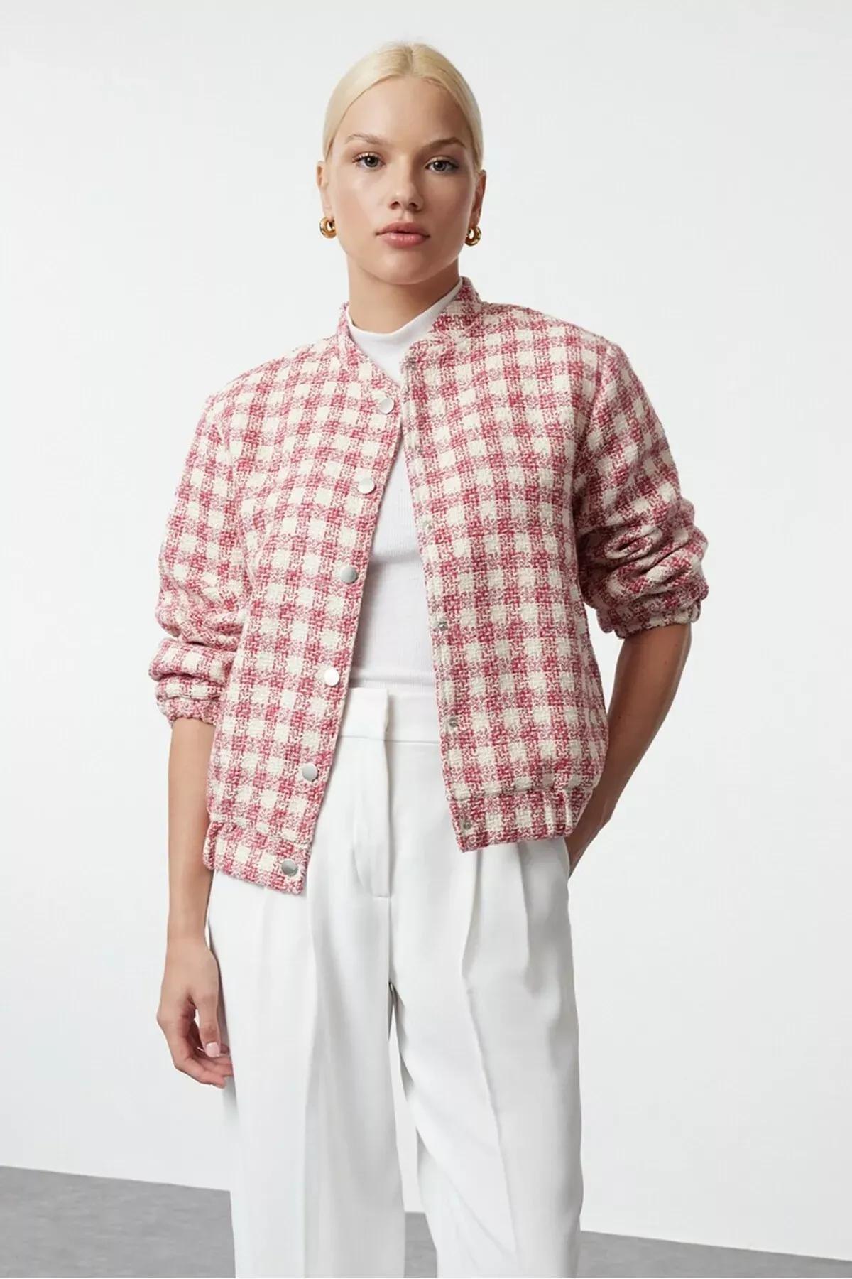 Multicolored Regular Tweed Thin Bomber Jacket Coat, Very colorful, medium